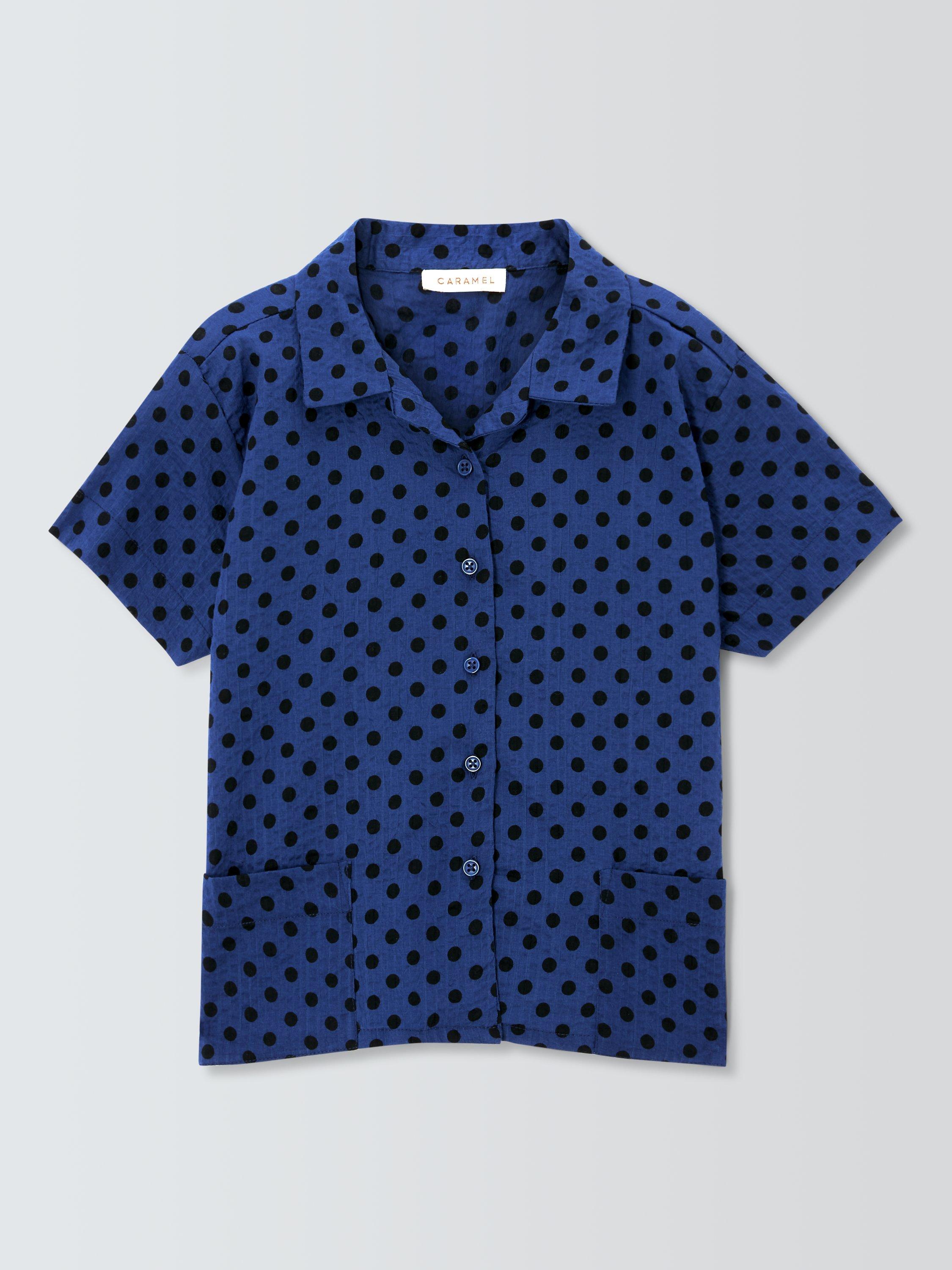 Product image 3 of 7, which shows Caramel Kids' Bamboo Polka Dot Shirt, Navy, 3 years