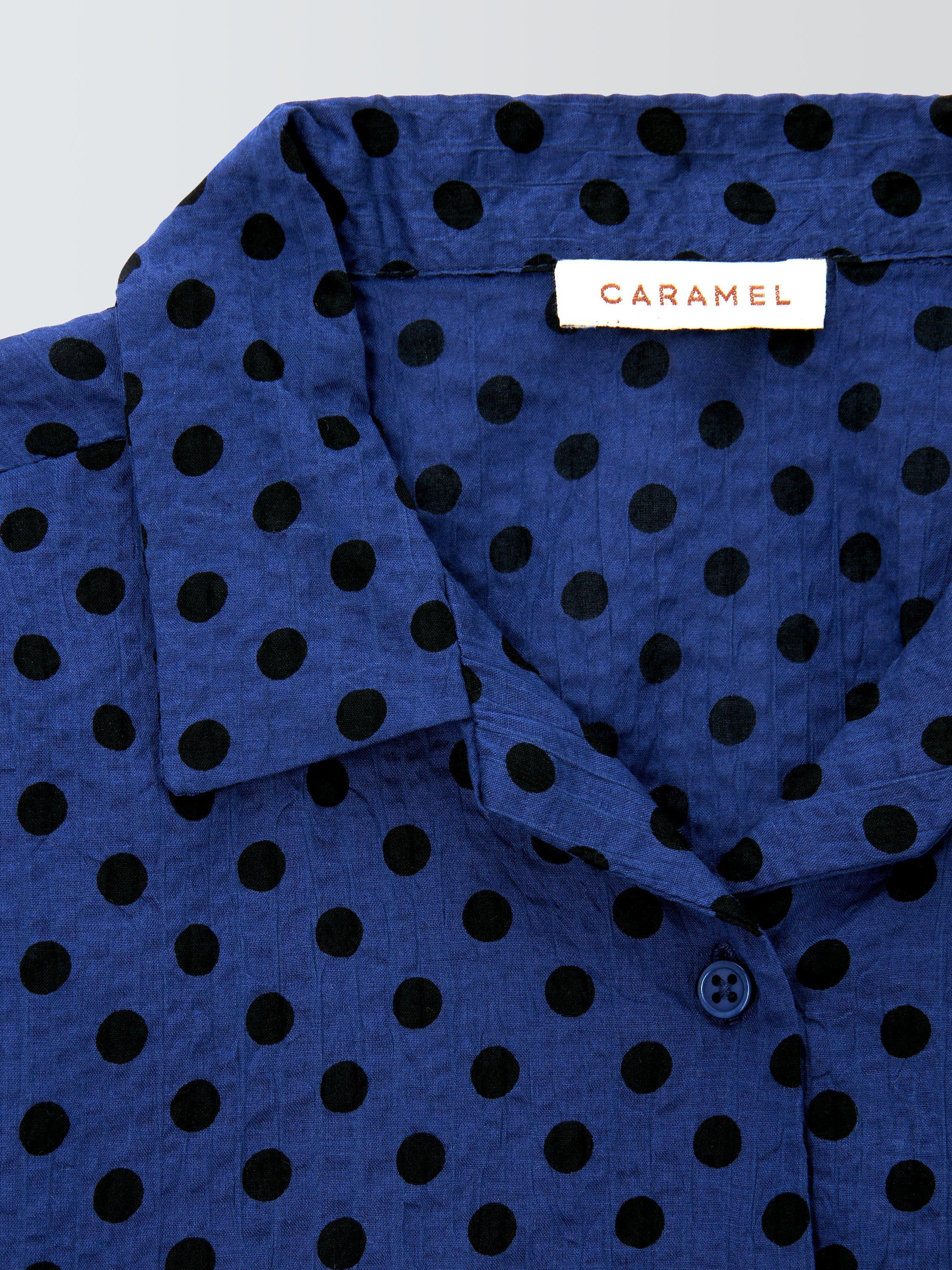 Product image 6 of 7, which shows Caramel Kids' Bamboo Polka Dot Shirt, Navy, 3 years