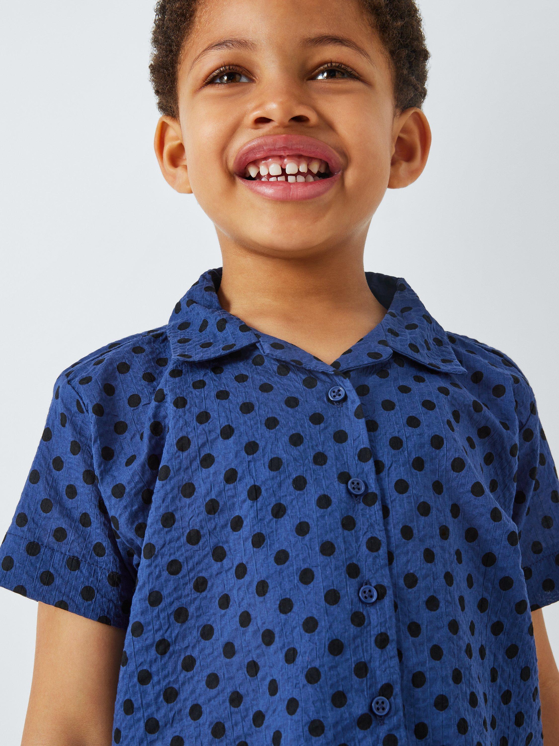 Product image 4 of 7, which shows Caramel Kids' Bamboo Polka Dot Shirt, Navy, 3 years