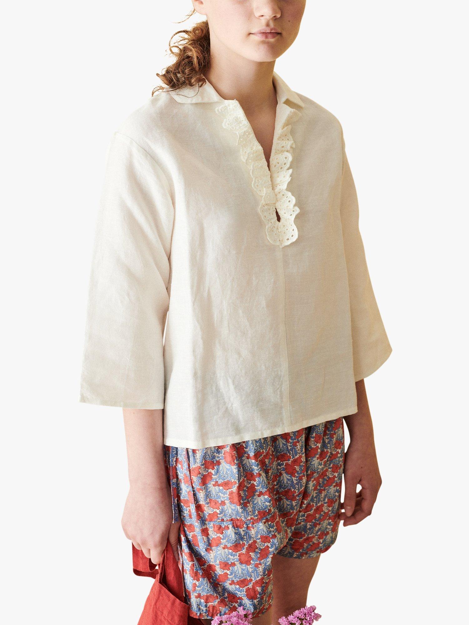 Product image 1 of 5, which shows Caramel Kids' Spearmint Linen Blend Blouse, Off White, 8 years