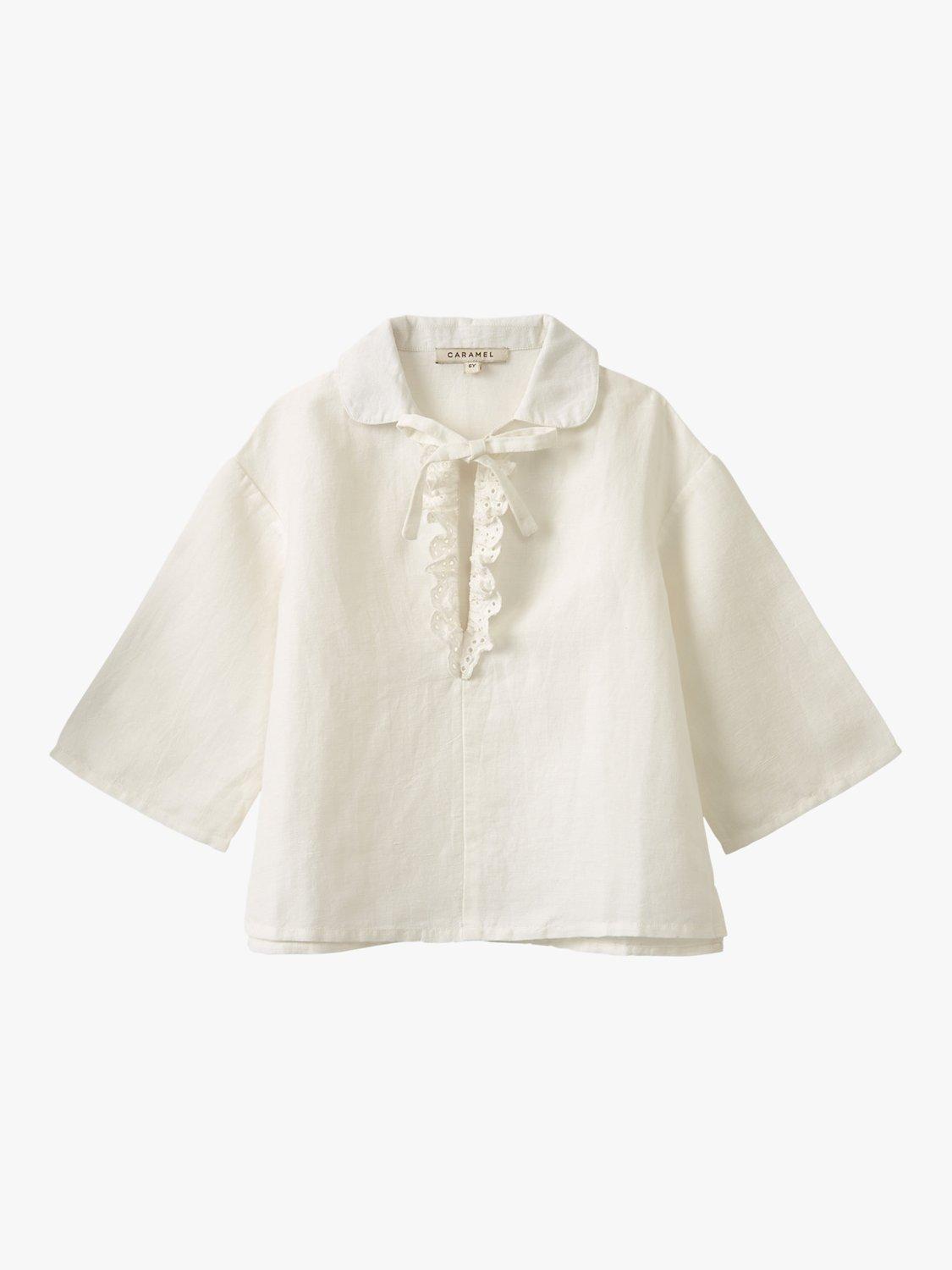 Product image 3 of 5, which shows Caramel Kids' Spearmint Linen Blend Blouse, Off White, 8 years