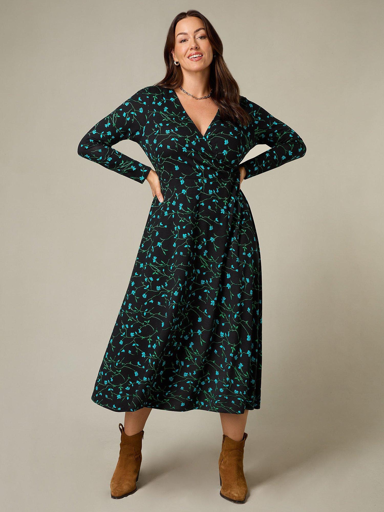 Live Unlimited Curve Petite Ditsy Print Wrap Midi Dress, Blue