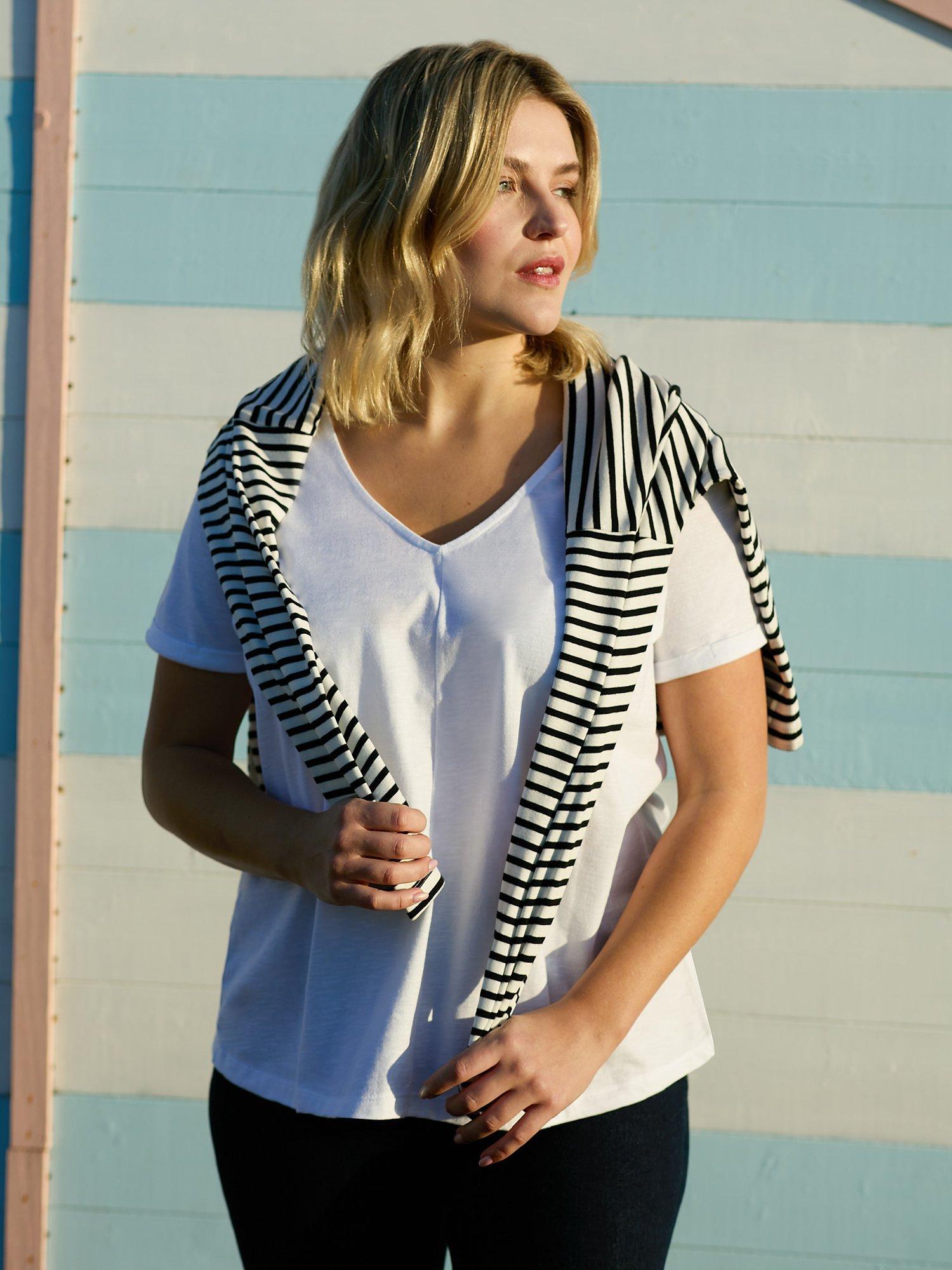 Product image 1 of 6, which shows Live Unlimited Curve Cotton Slub V-Neck T-Shirt, White, 16