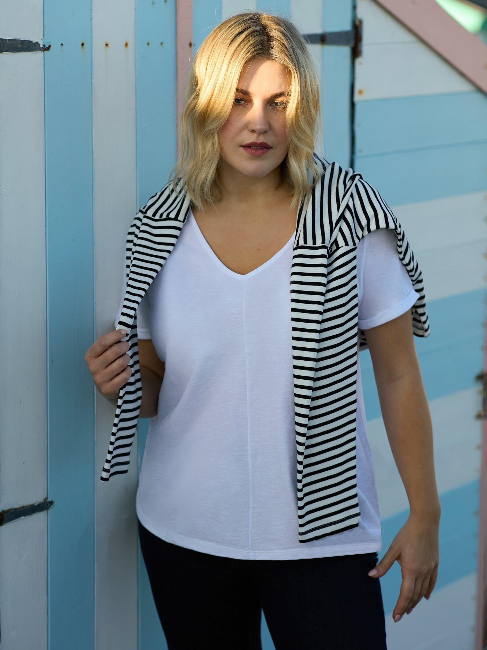 Product image 2 of 6, which shows Live Unlimited Curve Cotton Slub V-Neck T-Shirt, White, 16