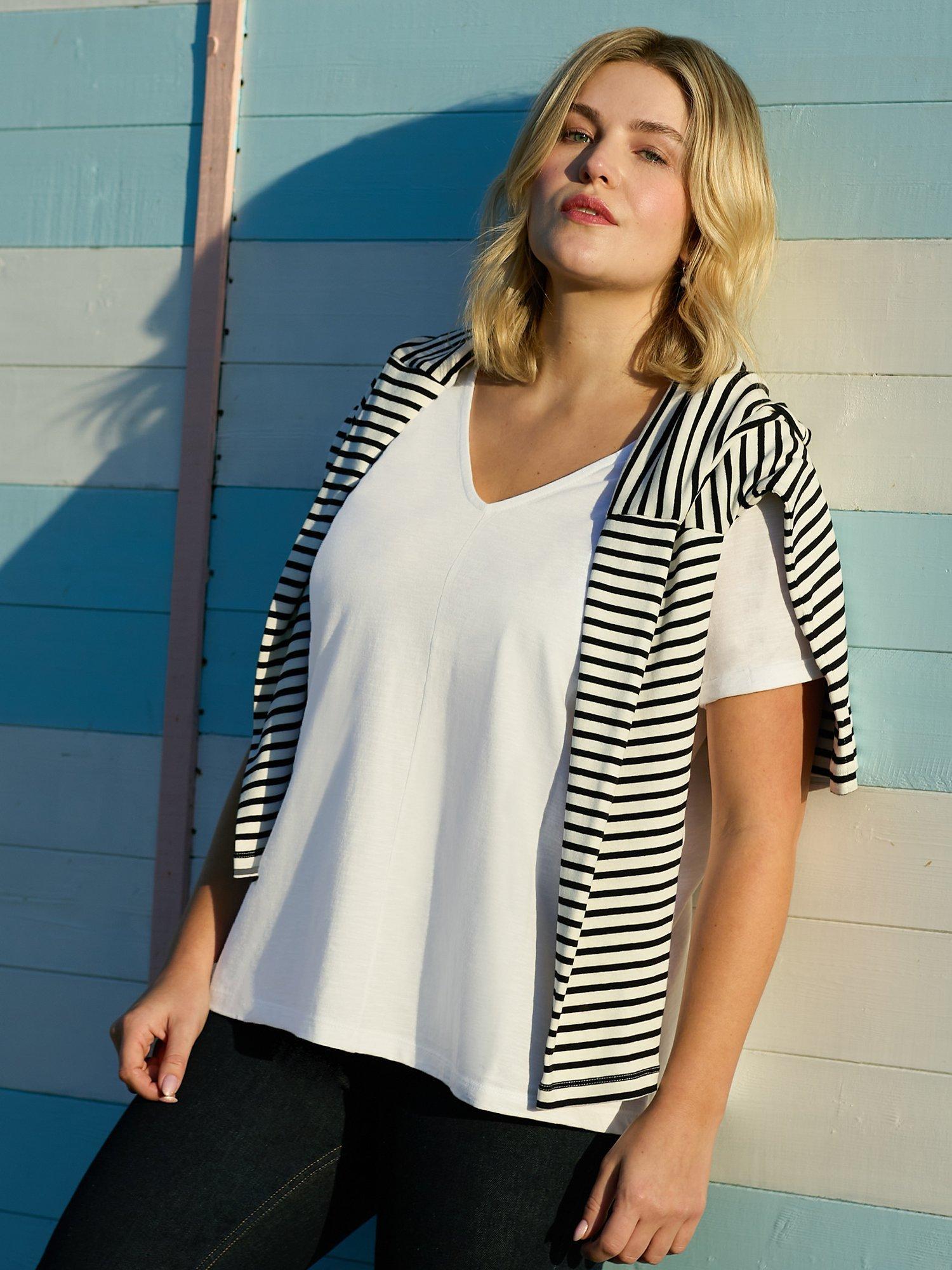 Product image 3 of 6, which shows Live Unlimited Curve Cotton Slub V-Neck T-Shirt, White, 16
