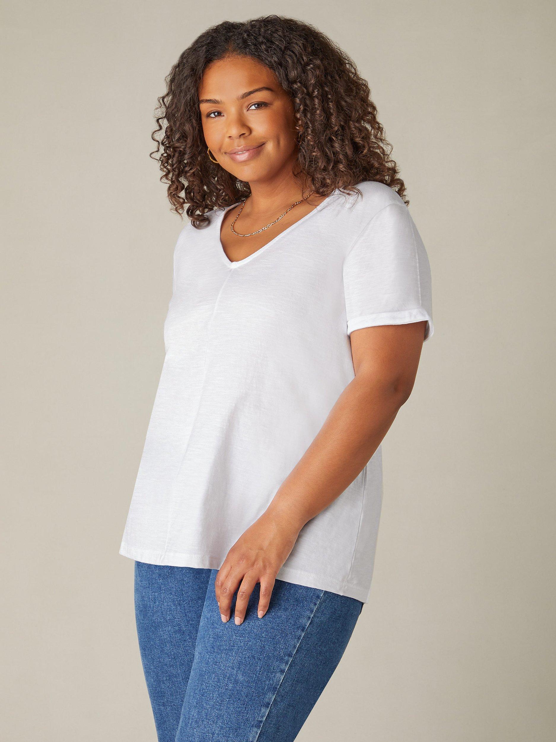 Product image 4 of 6, which shows Live Unlimited Curve Cotton Slub V-Neck T-Shirt, White, 16