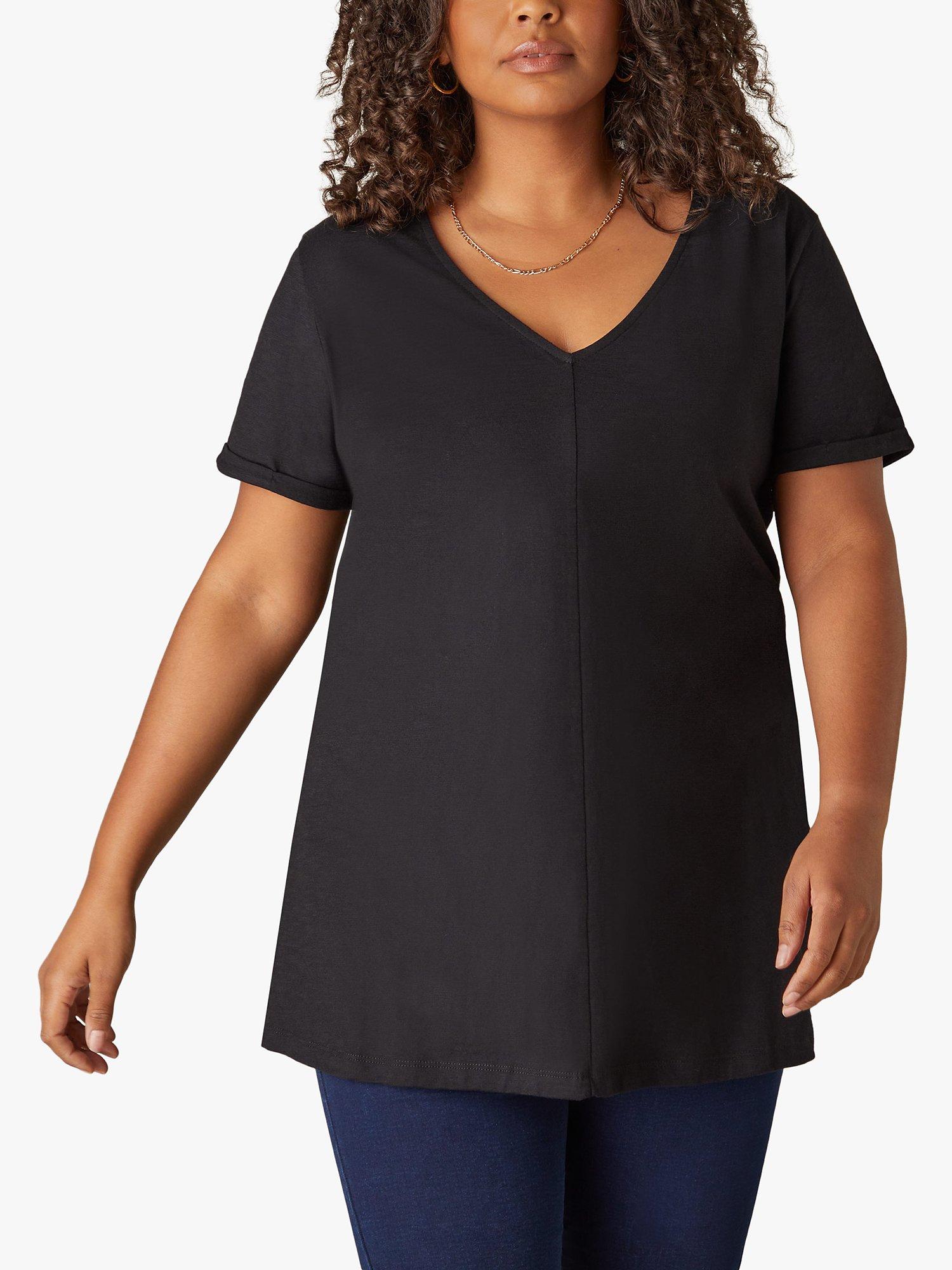 Product image 1 of 4, which shows Live Unlimited Curve Cotton Slub V-Neck Longline T-Shirt, Black, 12