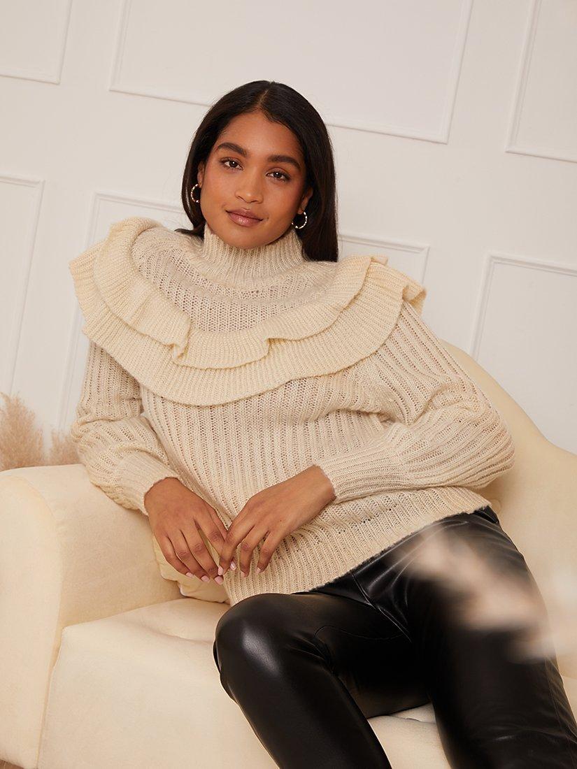 Product image 2 of 4, which shows Chi Chi London Frill Long Sleeve Jumper, Cream, S