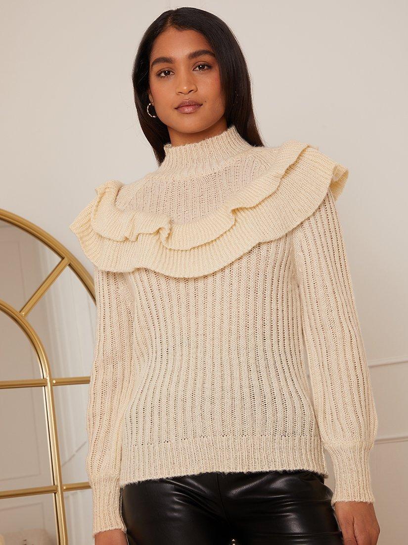 Product image 3 of 4, which shows Chi Chi London Frill Long Sleeve Jumper, Cream, S