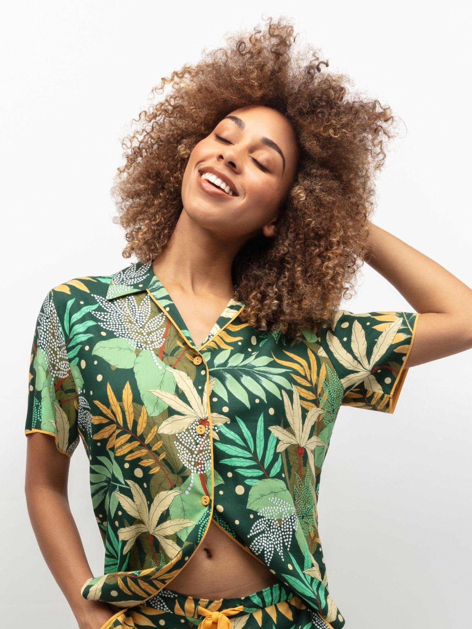 Product image 2 of 4, which shows Cyberjammies Gabrielle Palm Leaf Print Pyjama Top, Green/Multi, 28