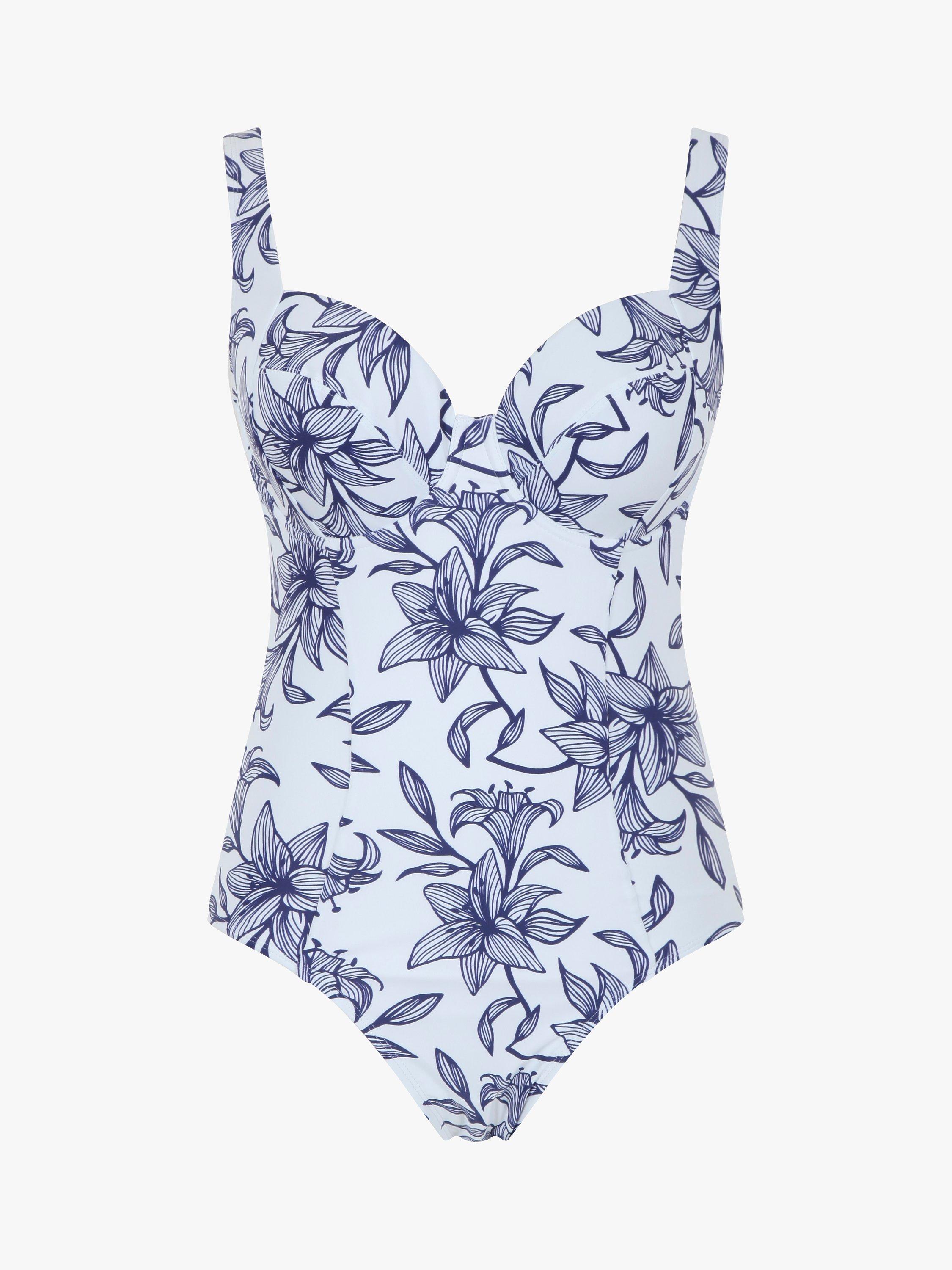 Product image 4 of 4, which shows Panache Paloma Capri Print Balcony Swimsuit, Navy/White, 36HH
