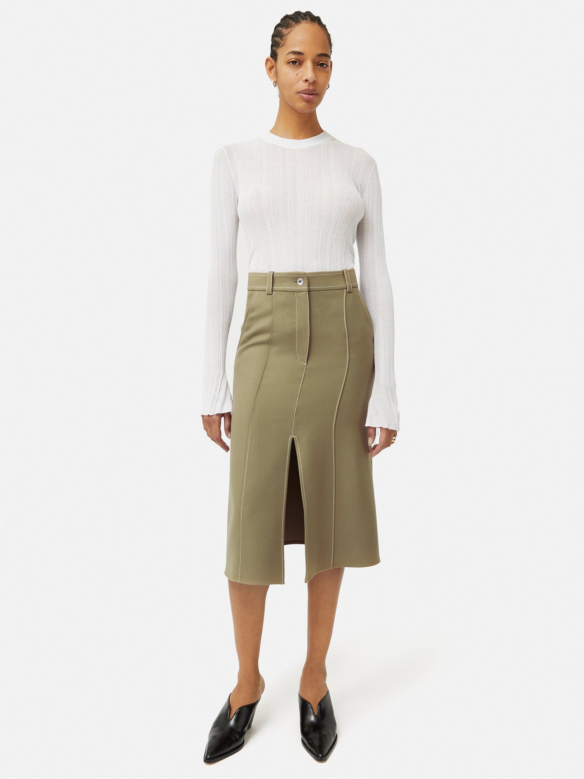 Product image 3 of 6, which shows Jigsaw Seamed Detail Midi Skirt, Khaki, 8