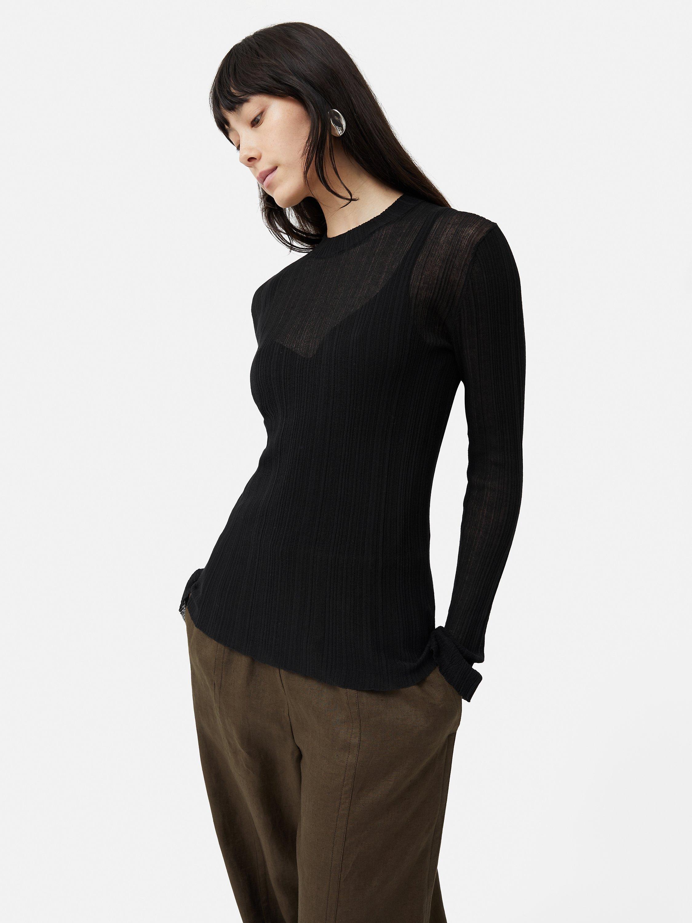 Jigsaw Plisse Cotton Blend Crew Top, Black