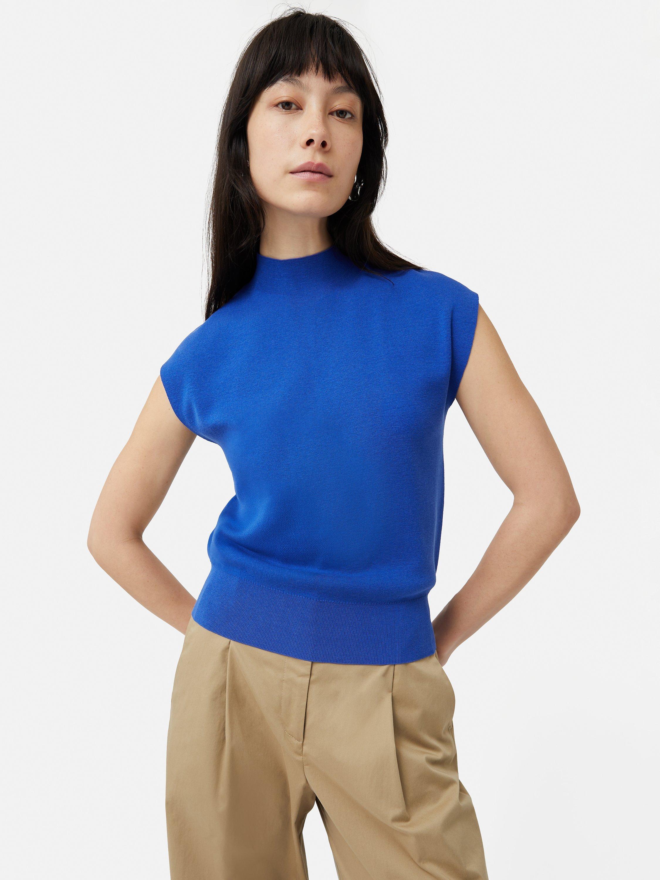 Jigsaw Silk Cotton Blend High Neck Top, Blue