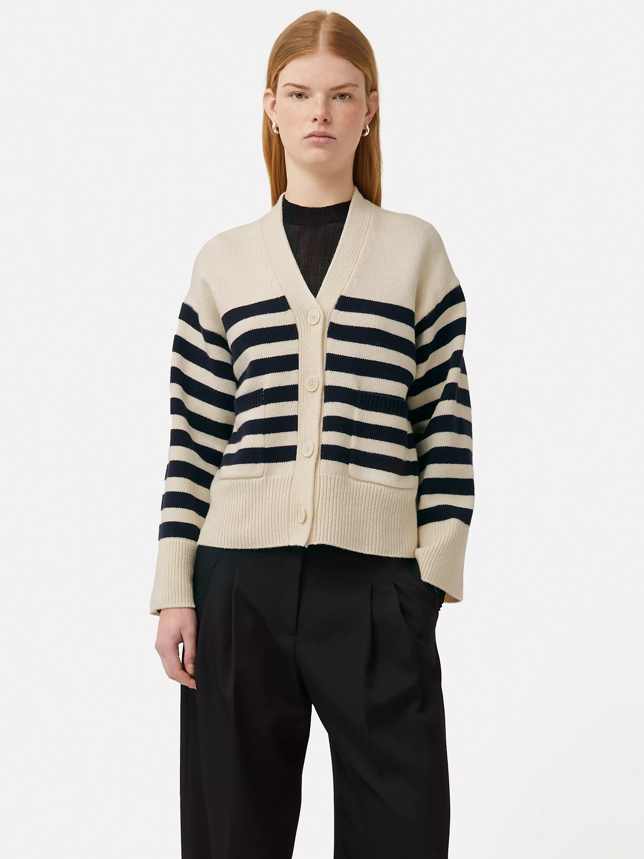 Jigsaw Mariniere Wool Cardigan White Navy