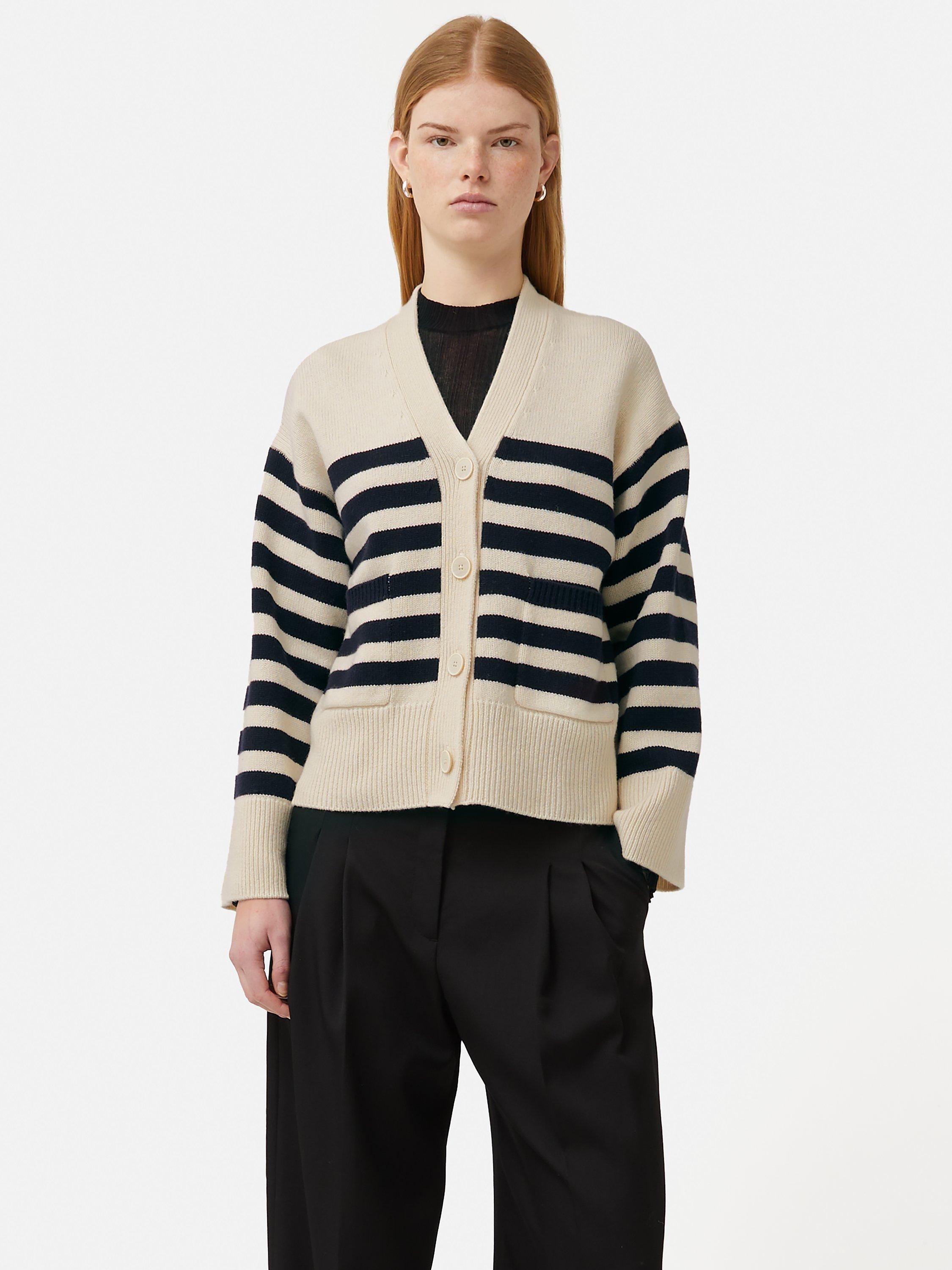 Jigsaw Mariniere Wool Cardigan, White/Navy