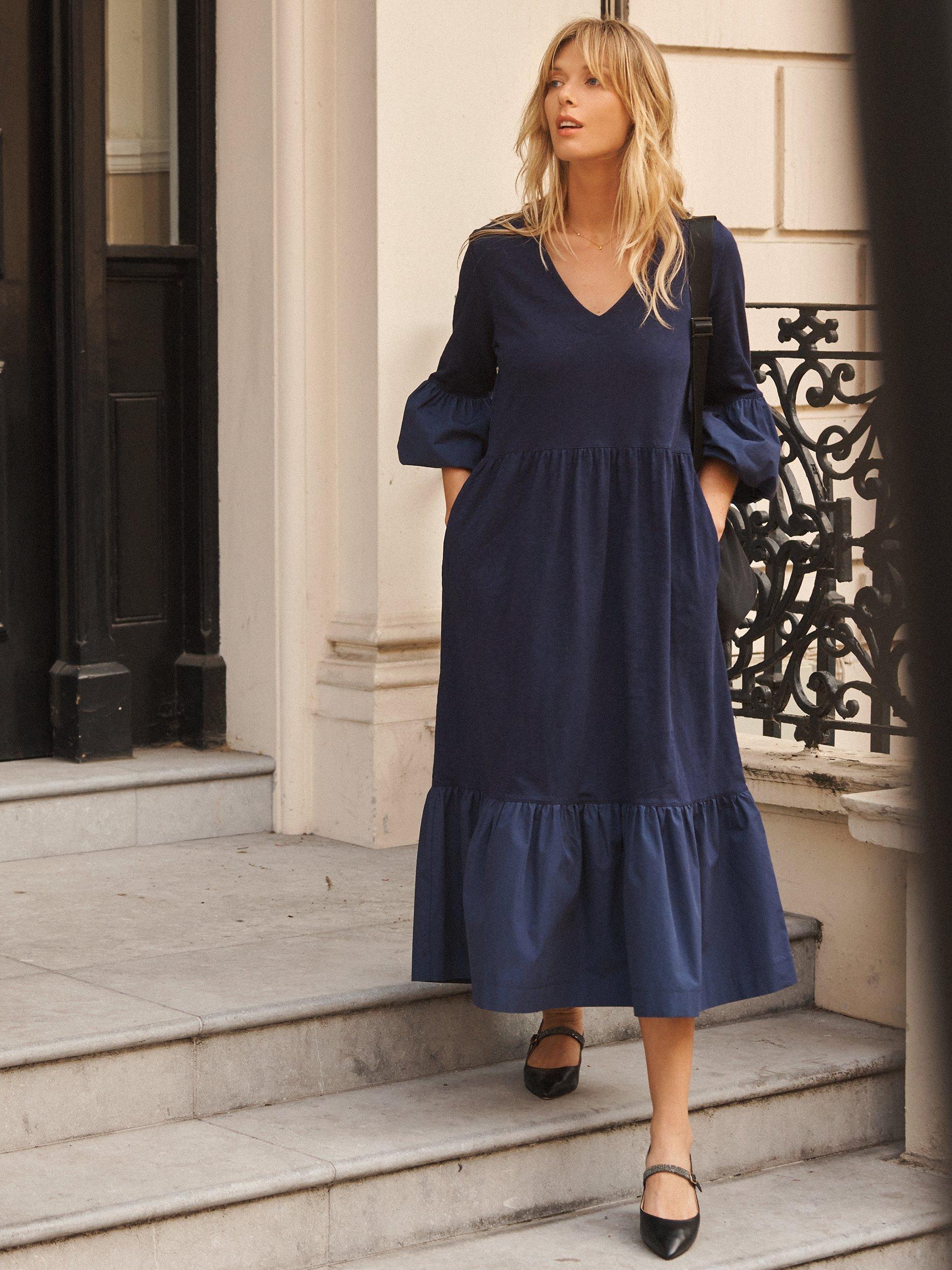 NRBY Jilly Tiered Cotton Midi Dress, Navy