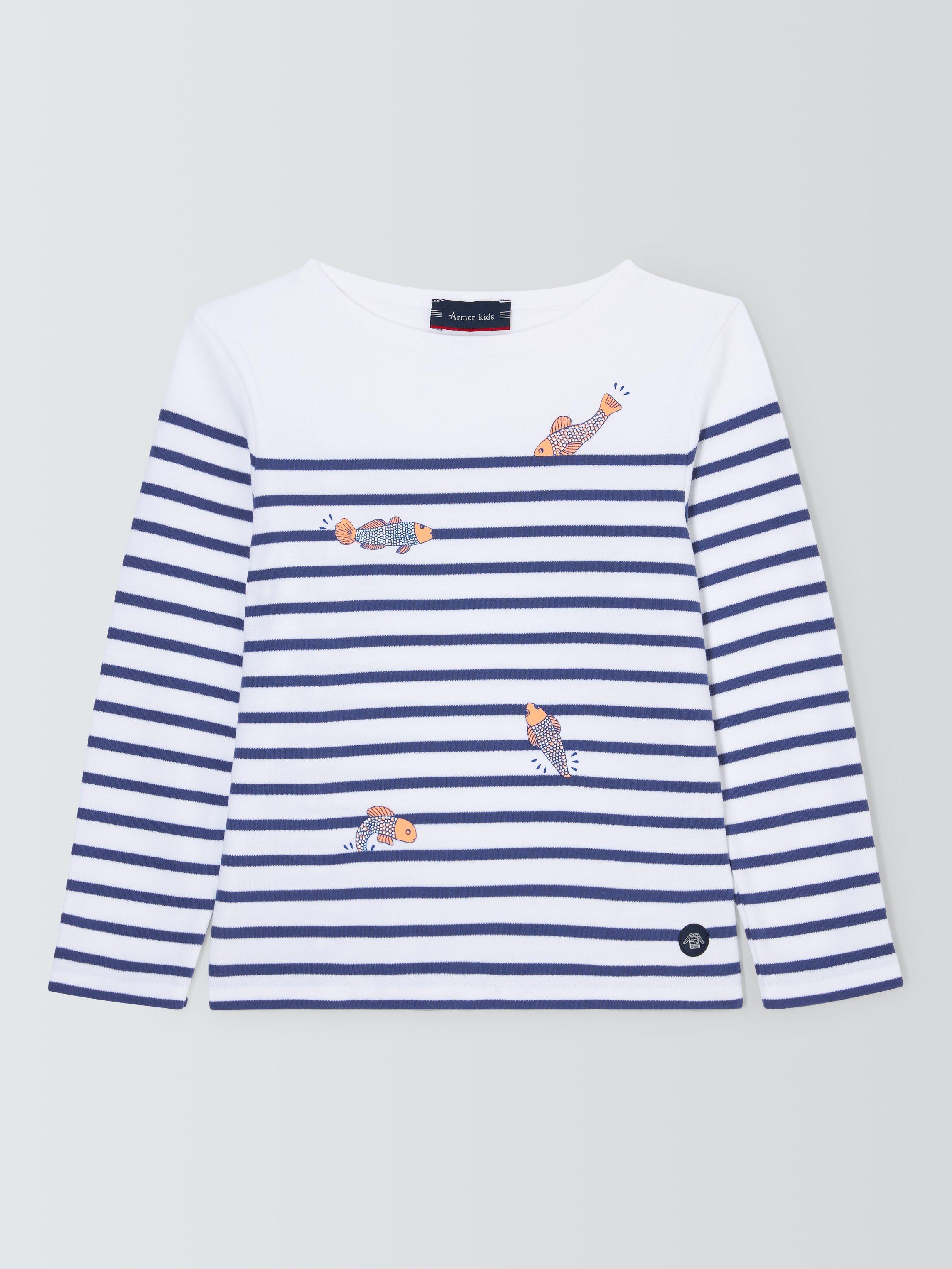 Product image 1 of 3, which shows Armor Lux Kids' Stripe Fish Print Long Sleeve T-Shirt, Blue/White, 4 years