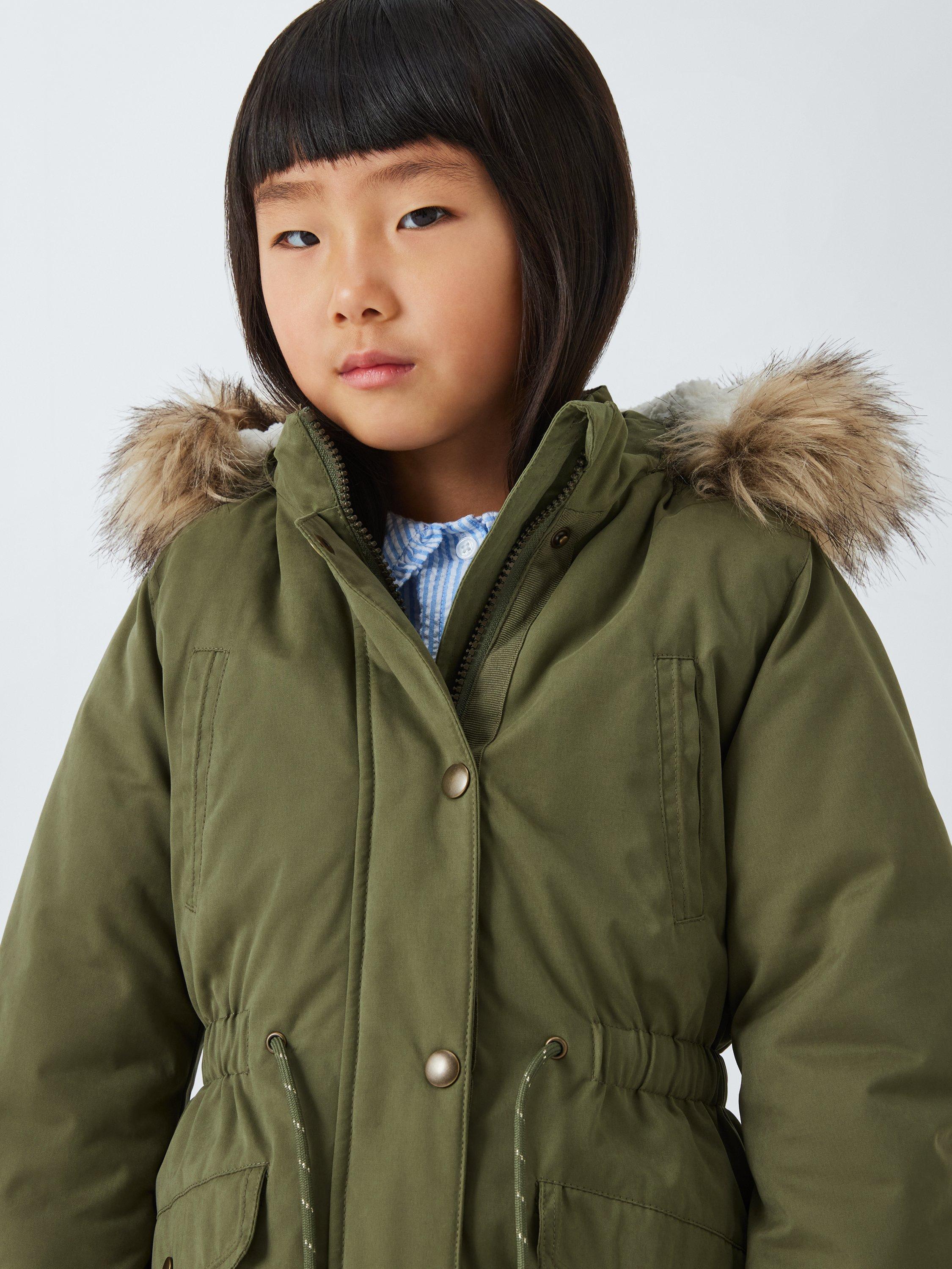 Product image 4 of 7, which shows John Lewis Kids' Faux Fur Hood Parka, Khaki Green, 10 years