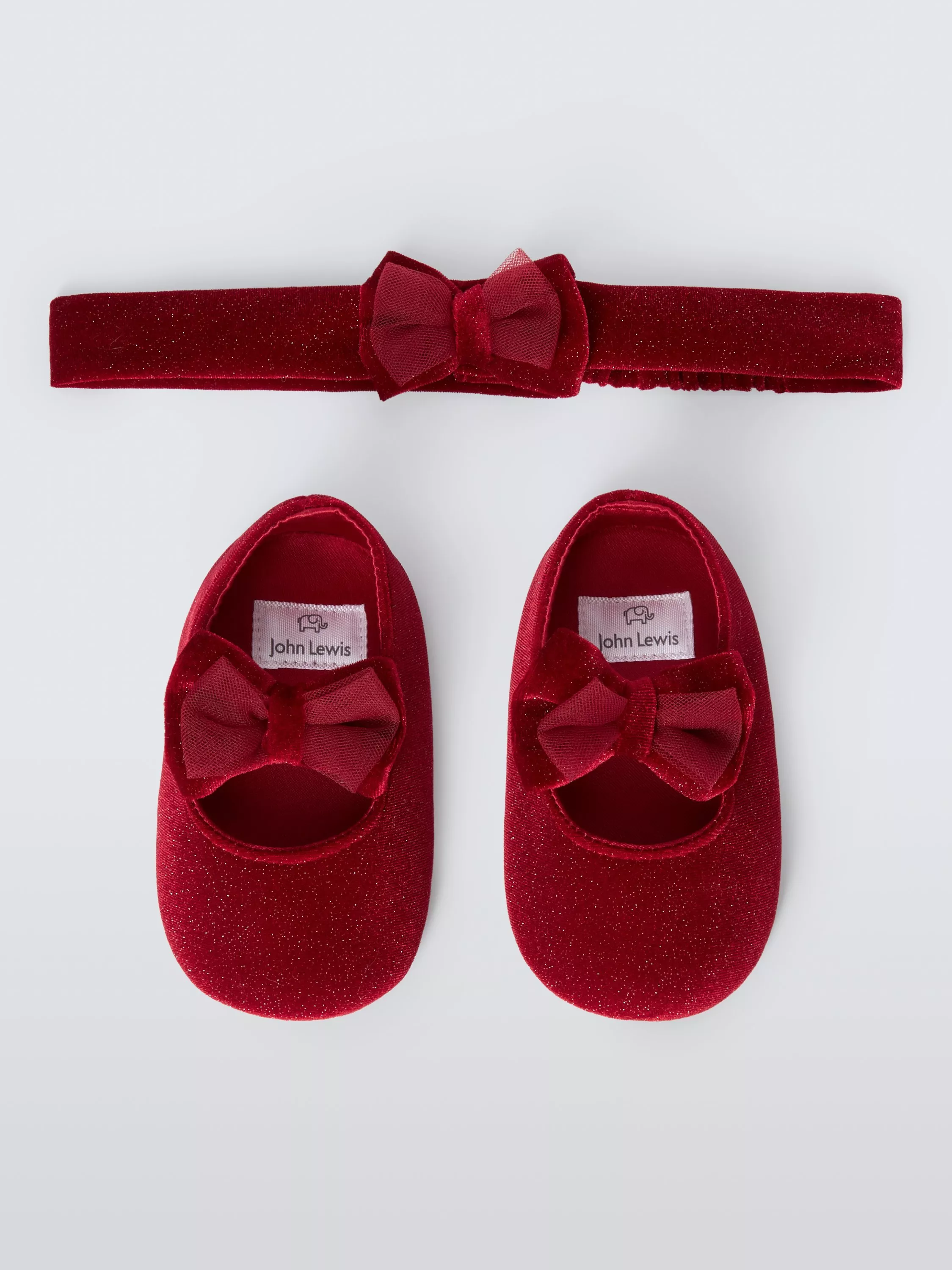 John Lewis Baby Glitter Bow Ballet Pram Shoes and Headband Set Red