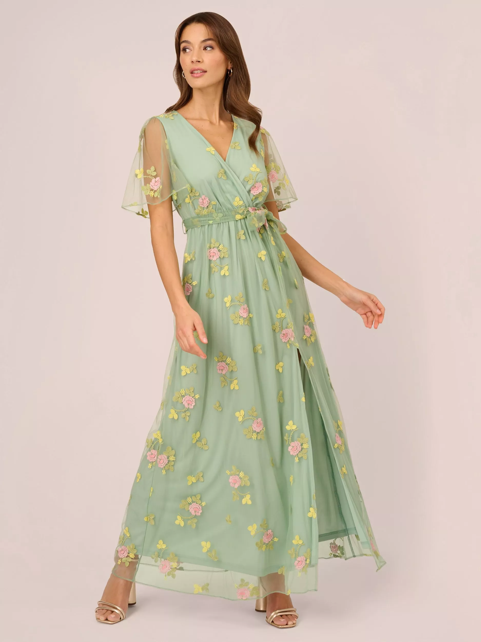 Adrianna Papell Embroidered Flutter Sleeve Maxi Dress