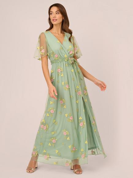 Adrianna Papell Embroidered Flutter Sleeve Maxi Dress, Sage/Multi