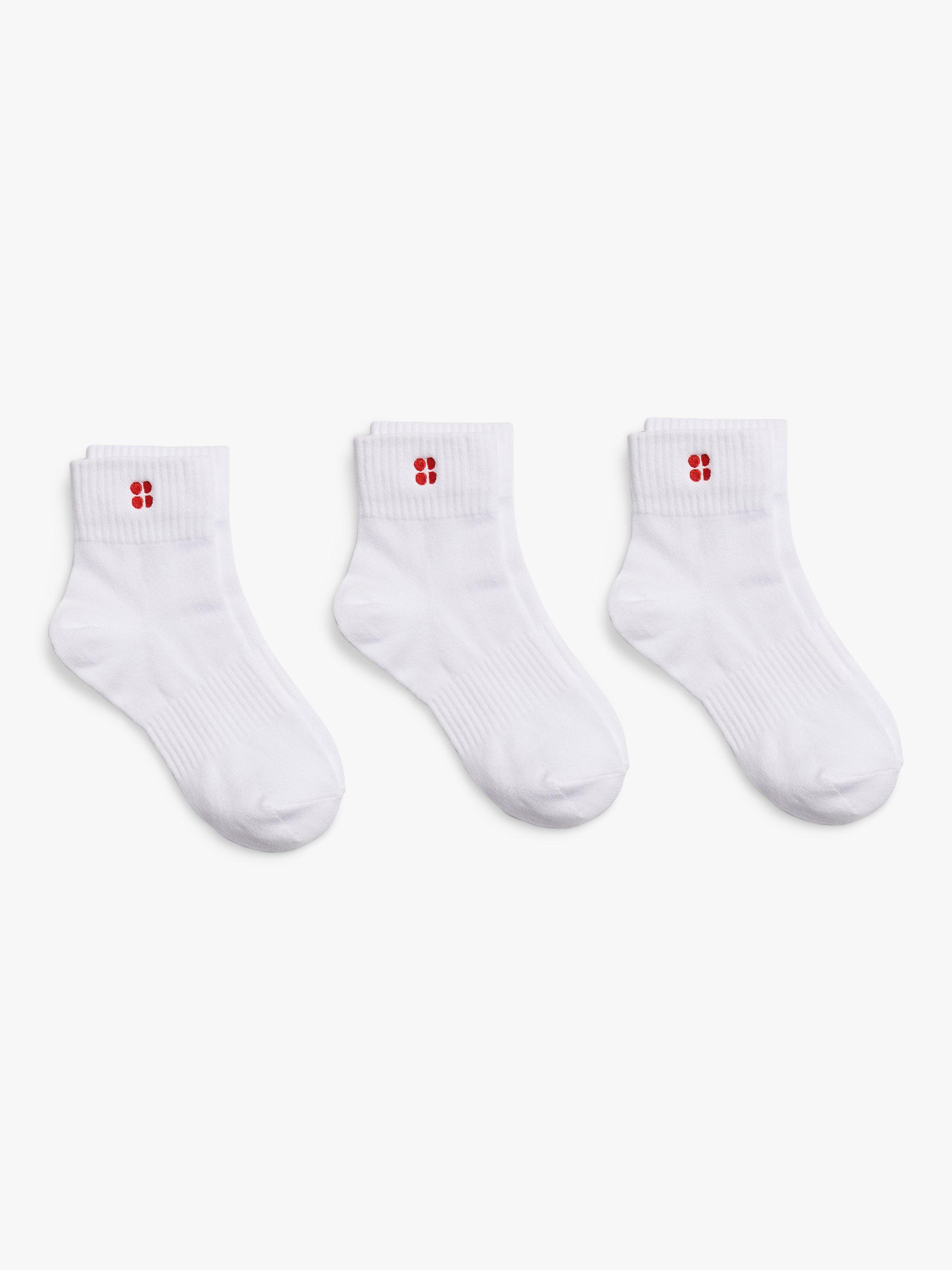 Product image 1 of 1, which shows Sweaty Betty Essentials Ankle Socks, Pack of 3, White/Red, 2.5-5