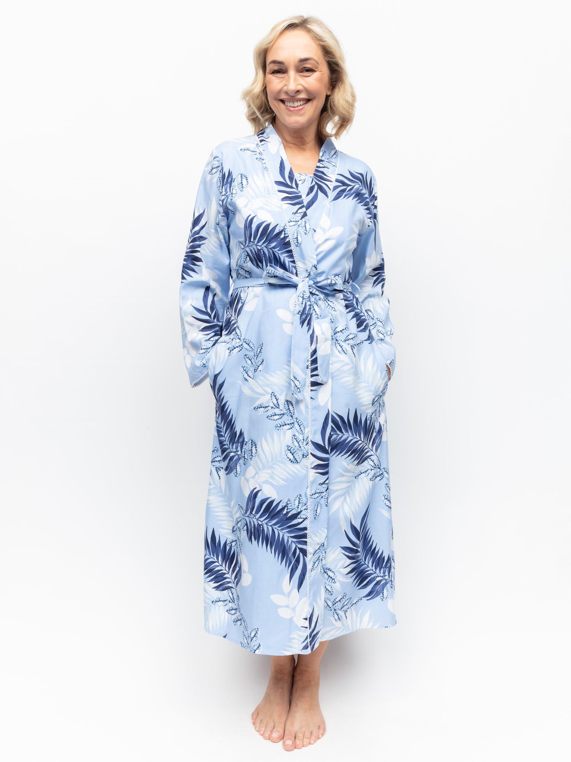 Product image 2 of 4, which shows Cyberjammies Selena Leaf Print Long Dressing Gown, Blue/Multi, 28