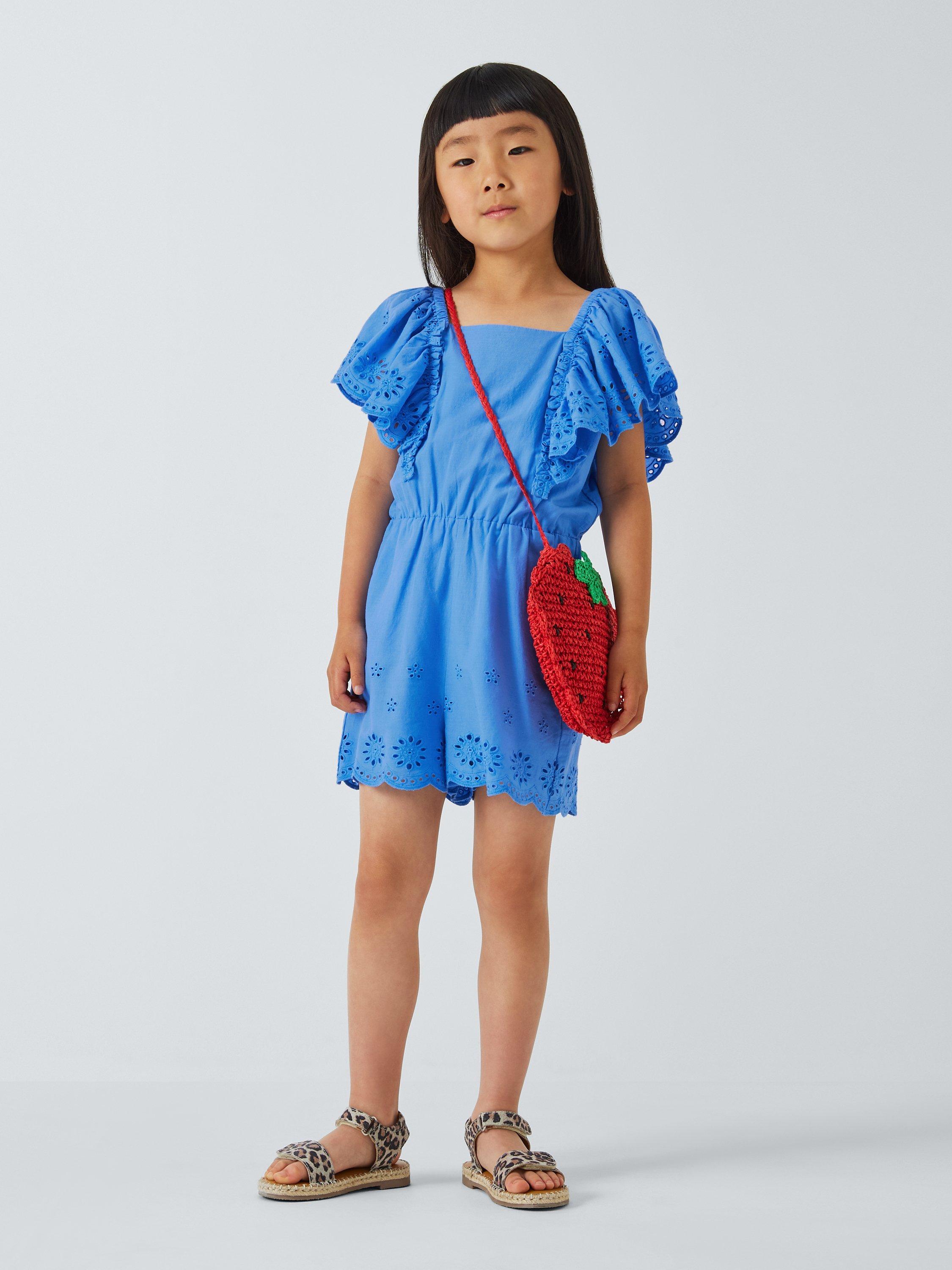 John Lewis Kids' Broderie Anglaise Playsuit, Blue Bonnet