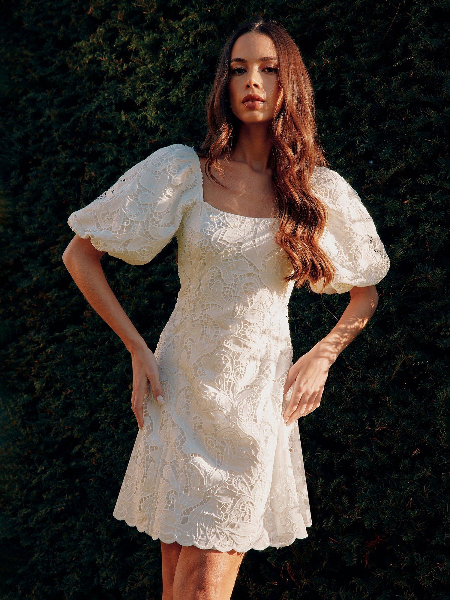 Ro&Zo Lace Puff Sleeve Square Neck Mini Dress, White