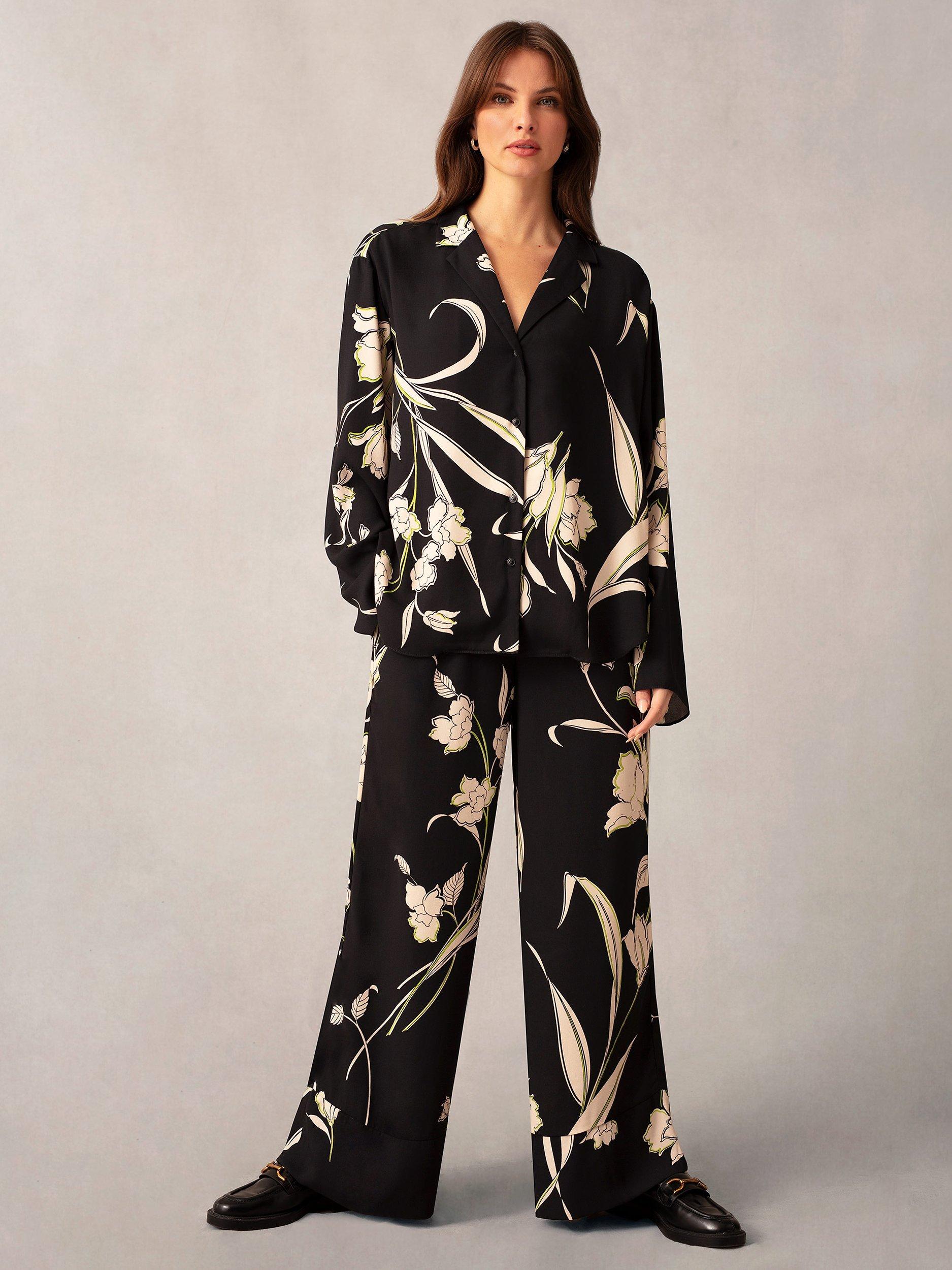 Ro&Zo Climbing Floral Print Wide Leg Trousers, Black/Multi