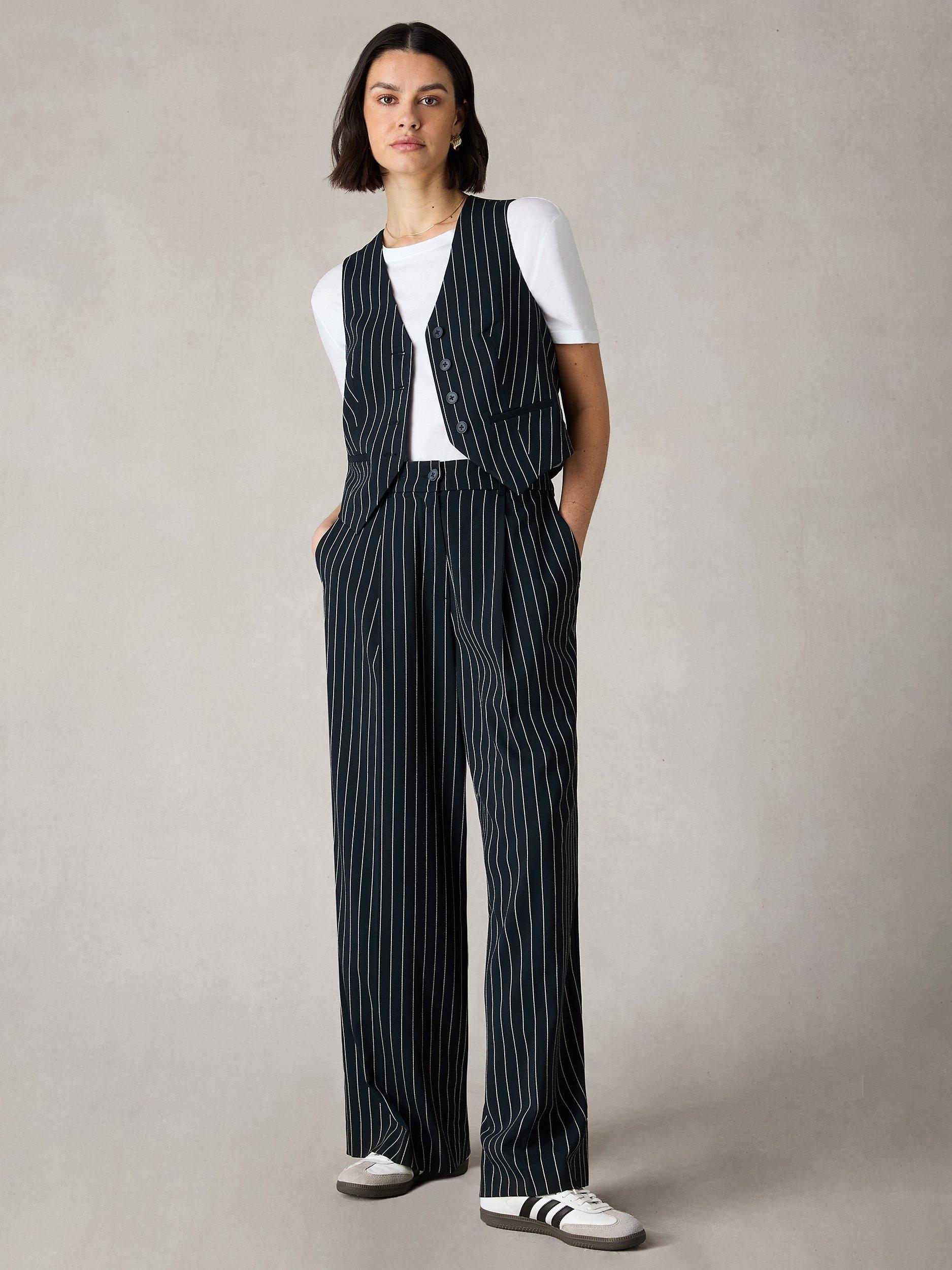 Ro&Zo Petite Pinstripe Wide Leg Trousers, Navy