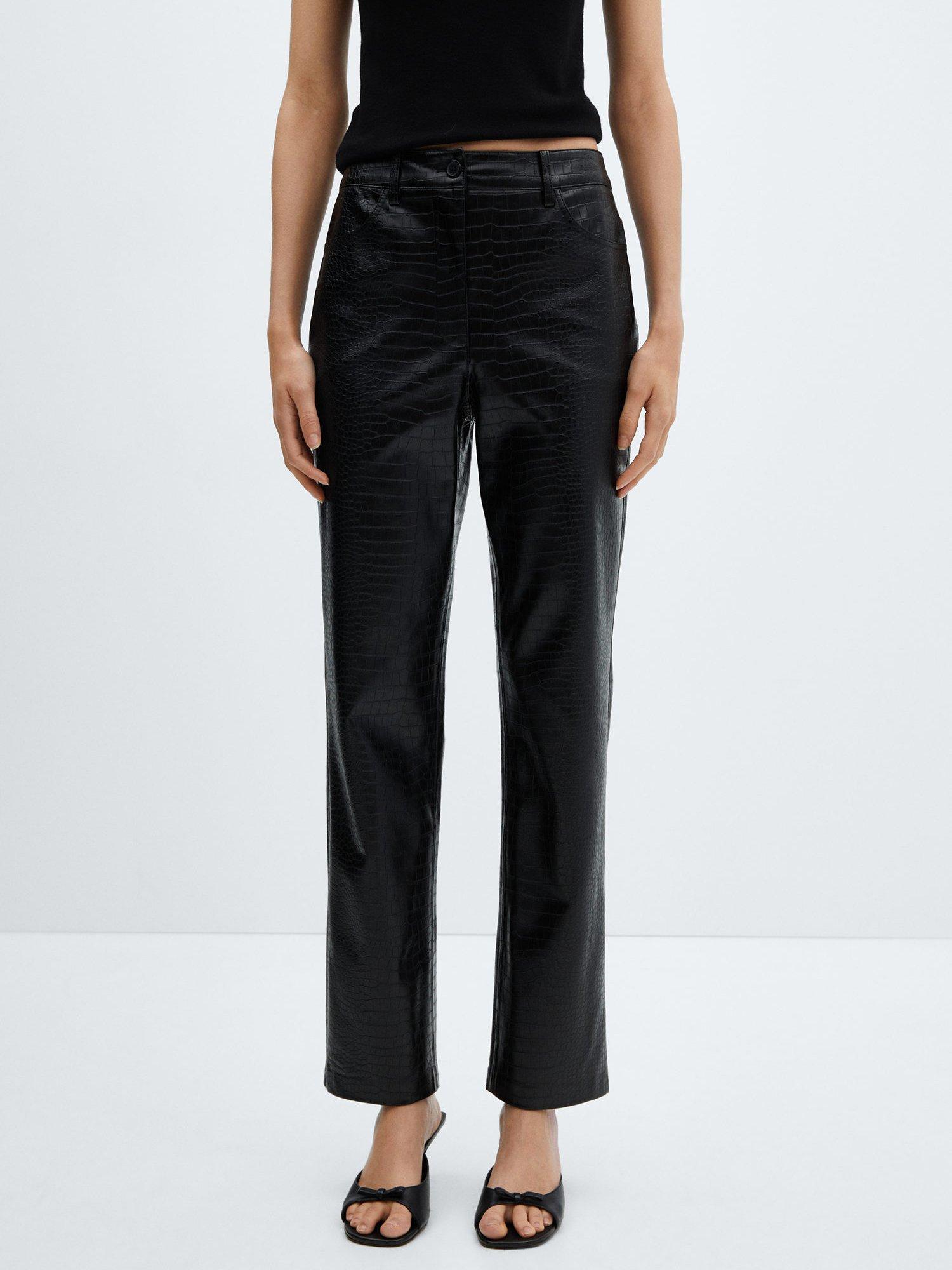 Mango Croc-Effect Straight Leg Trousers, Black