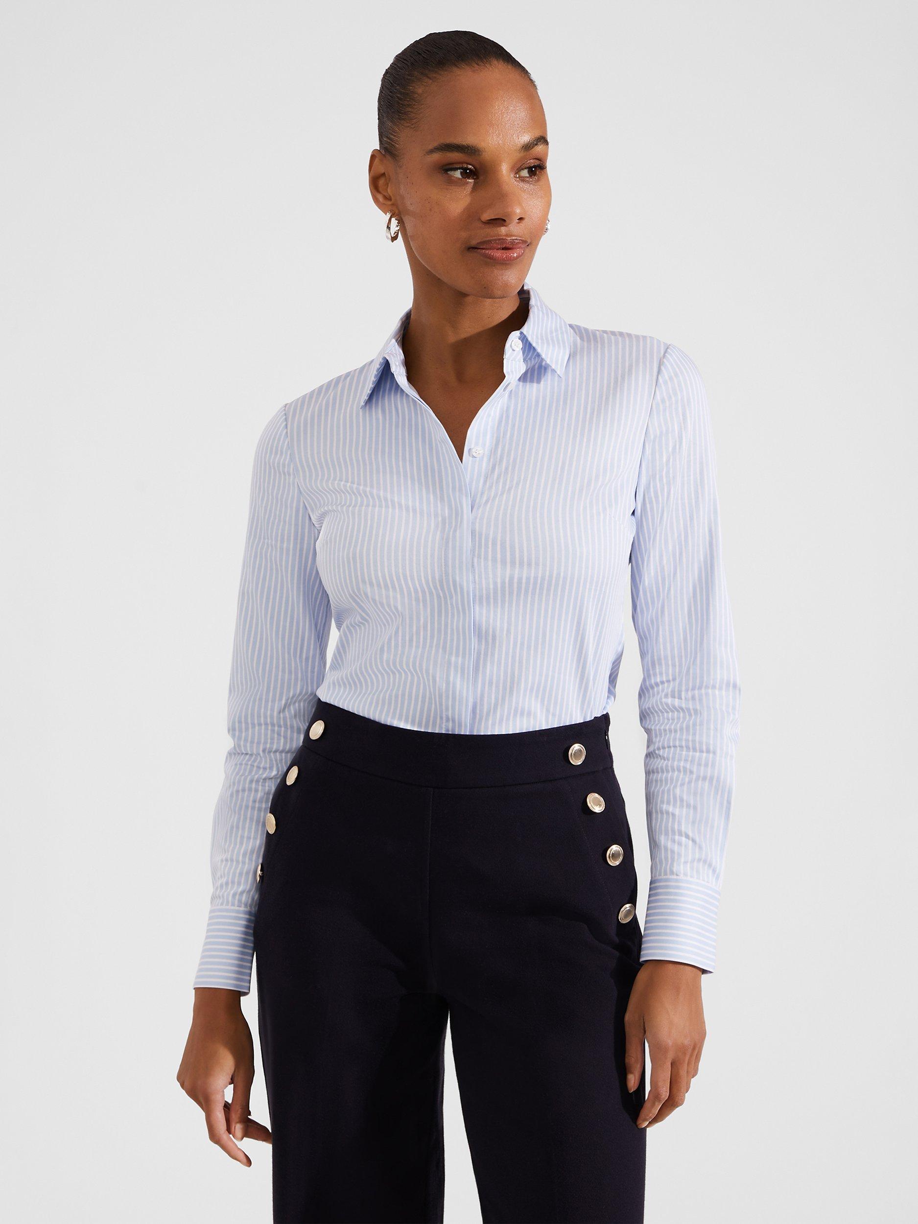 Hobbs Victoria Cotton Blend Shirt, Pale Blue/White