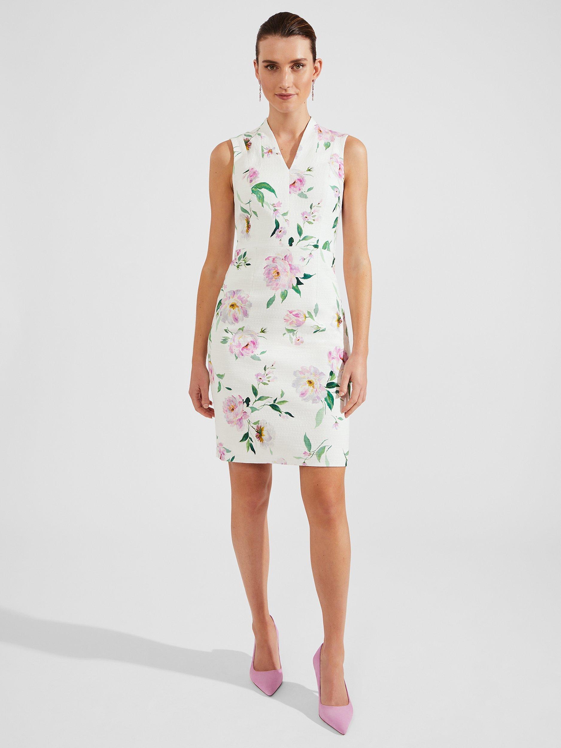 Hobbs Petite Suzanna Floral Print Knee Length Dress, Ivory/Multi, 10