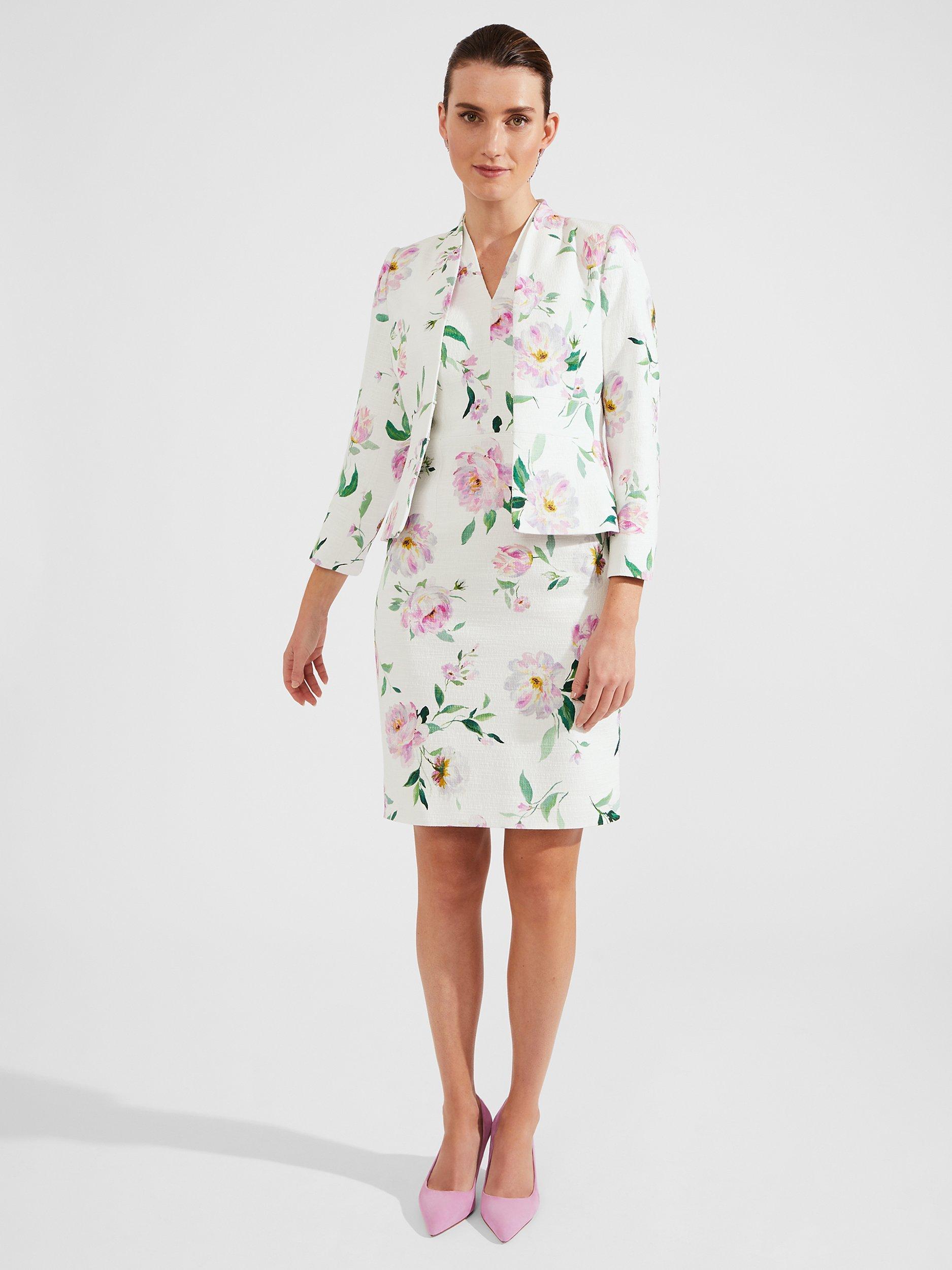 Hobbs Petite Suzanna Floral Print Knee Length Dress, Ivory/Multi, 10