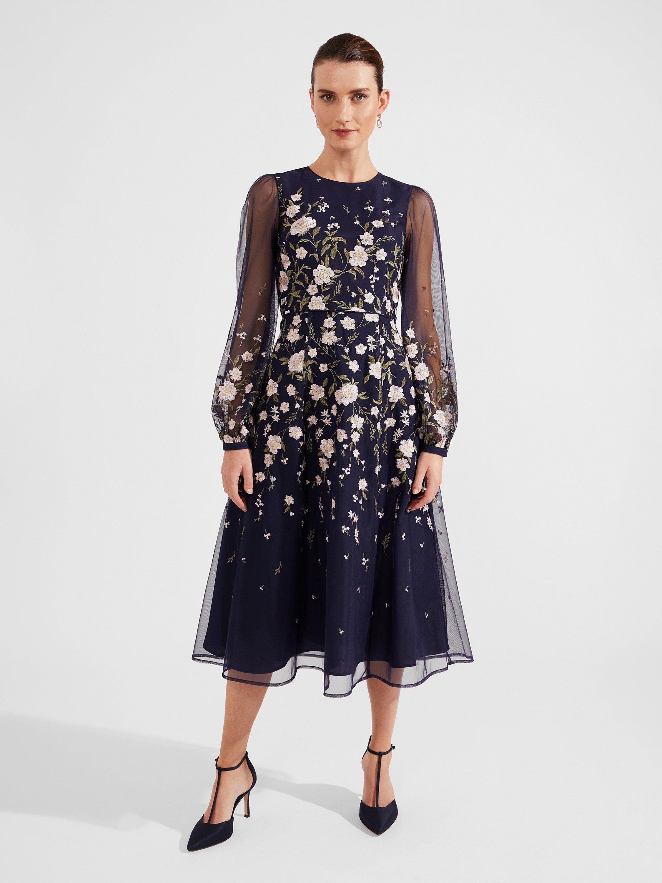 Hobbs Lois Floral Embroidered Midi Dress, Navy/Multi