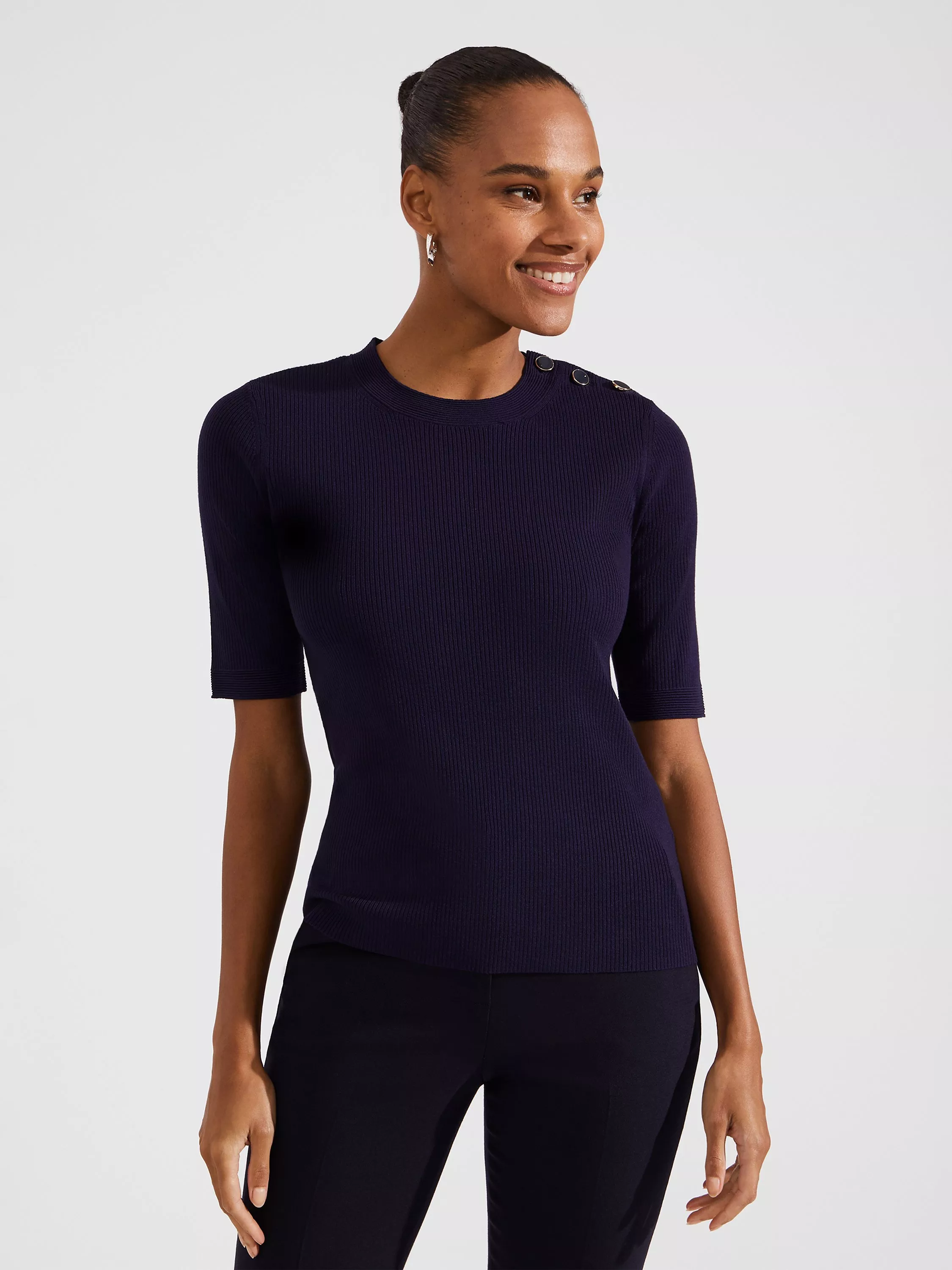 Hobbs Christa Button Detail Ribbed Jumper, Midnight Navy