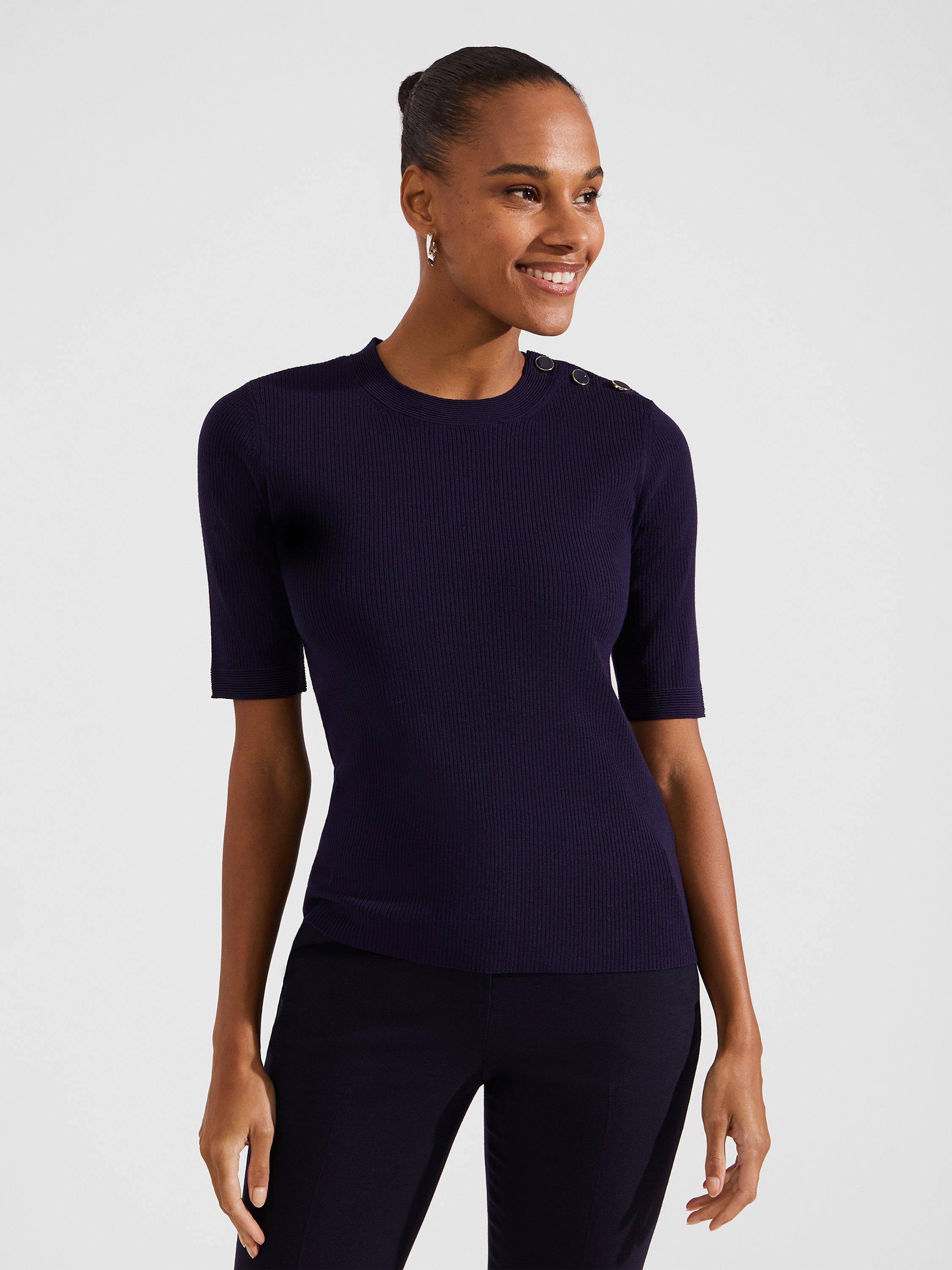 Product image 1 of 6, which shows Hobbs Christa Button Detail Ribbed Jumper, Midnight Navy, M