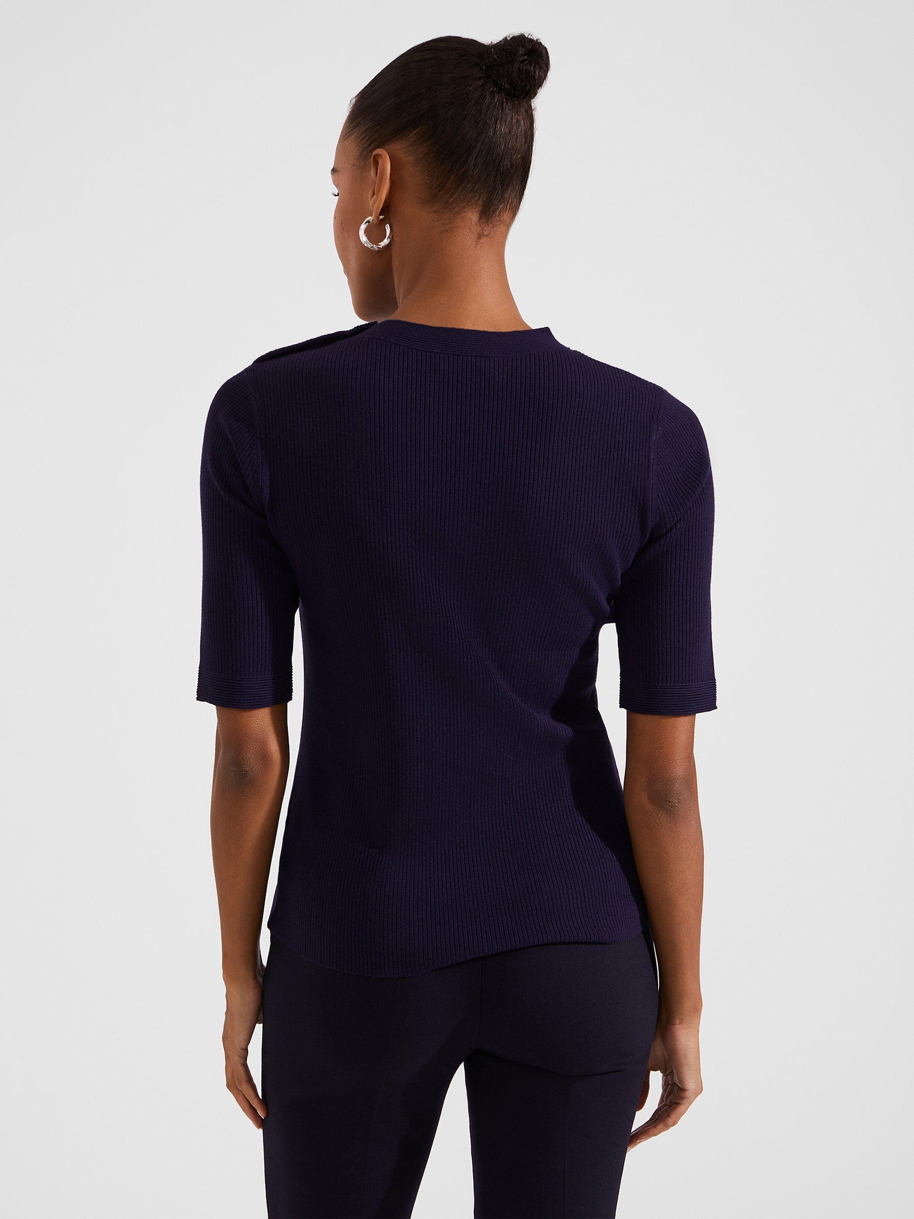 Product image 2 of 6, which shows Hobbs Christa Button Detail Ribbed Jumper, Midnight Navy, M