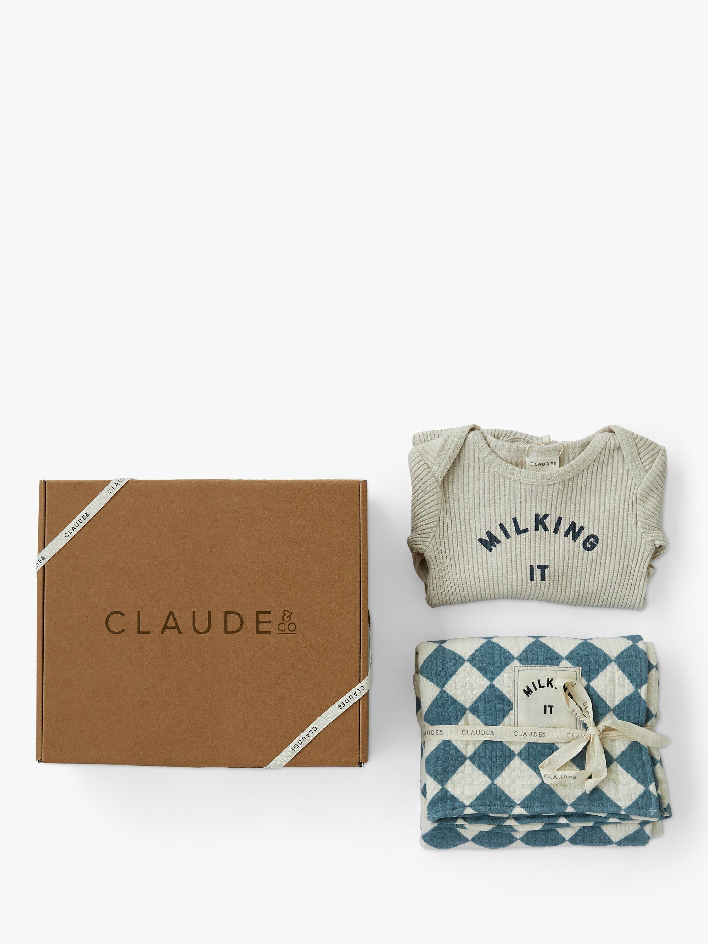 Claude & Co Baby Organic Cotton Milking It Bodysuit & Muslin Gift Set, Oat/Checkerboard
