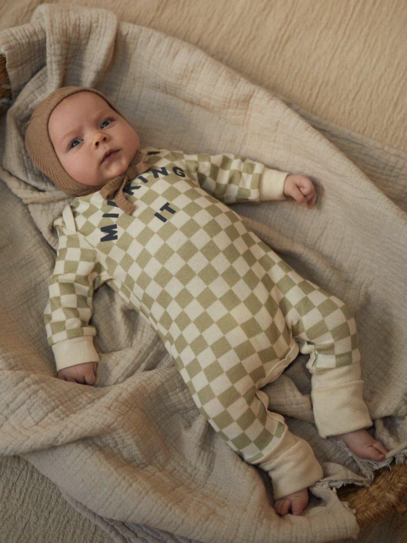 Product image 1 of 3, which shows Claude & Co Baby Organic Cotton Milking It Checkerboard Onesie, Taupe, 6-12 months