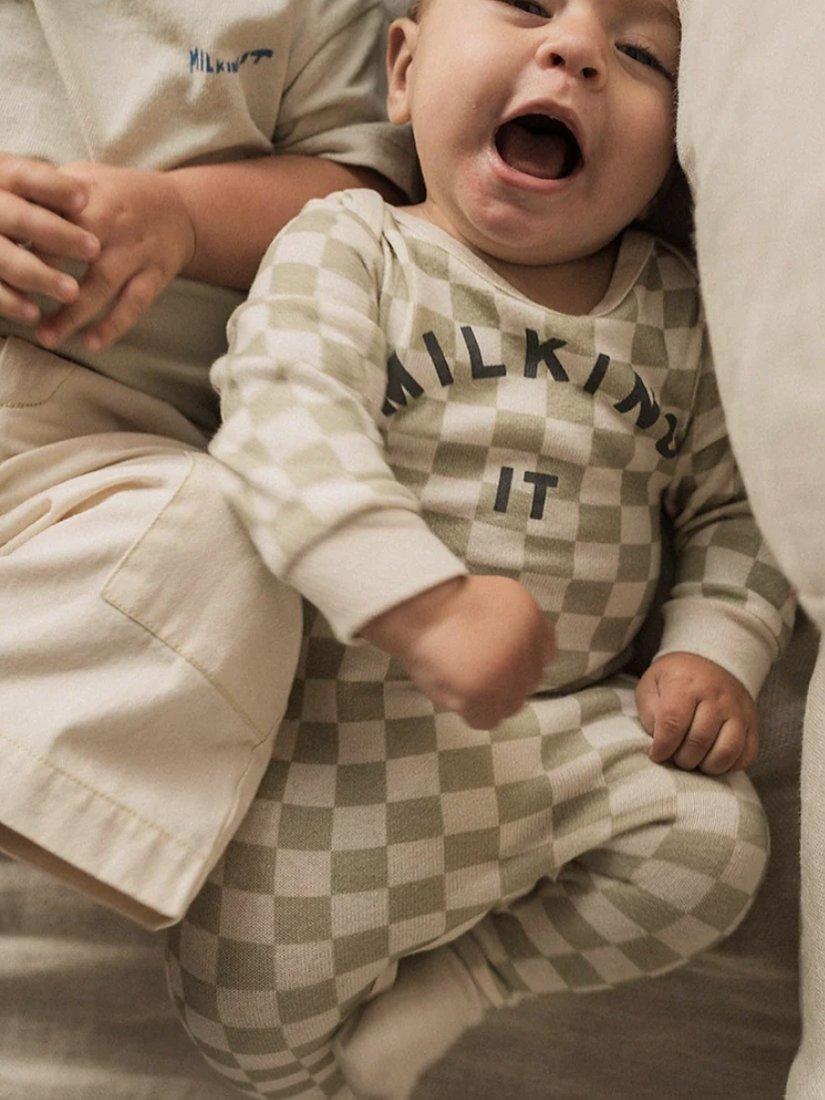 Product image 2 of 3, which shows Claude & Co Baby Organic Cotton Milking It Checkerboard Onesie, Taupe, 6-12 months