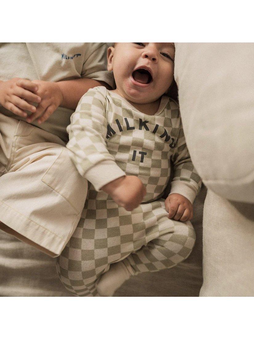 Product image 3 of 3, which shows Claude & Co Baby Organic Cotton Milking It Checkerboard Onesie, Taupe, 6-12 months