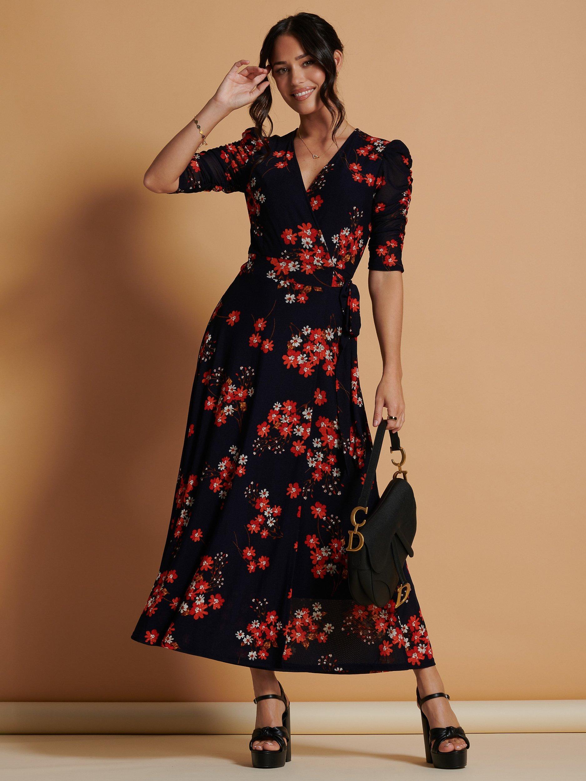 Jolie Moi Qaliyah Floral Print Mesh Wrap Maxi Dress, Navy/Multi