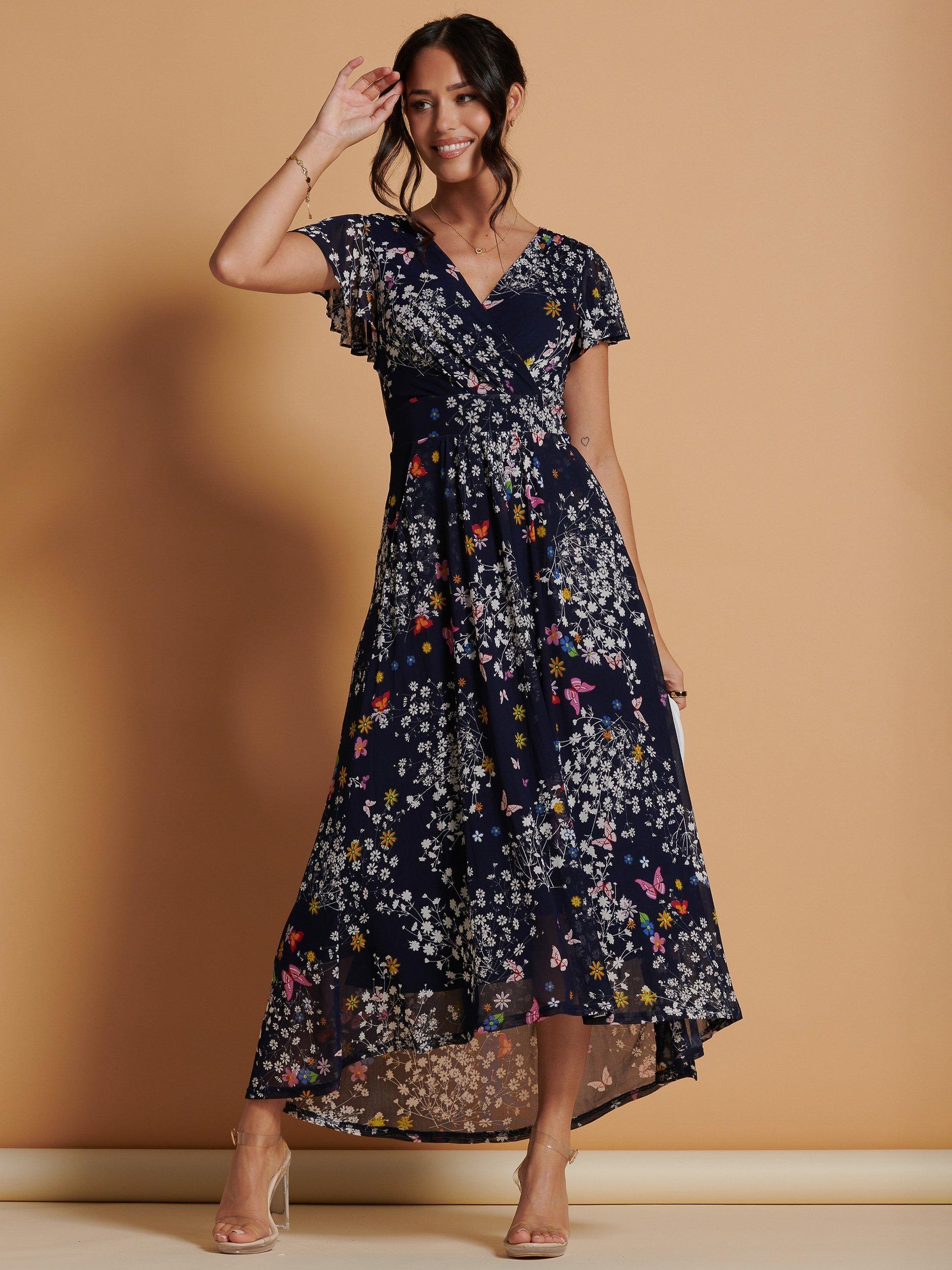 Jolie Moi Mesh Floral Print Dip Hem Maxi Dress Navy Multi