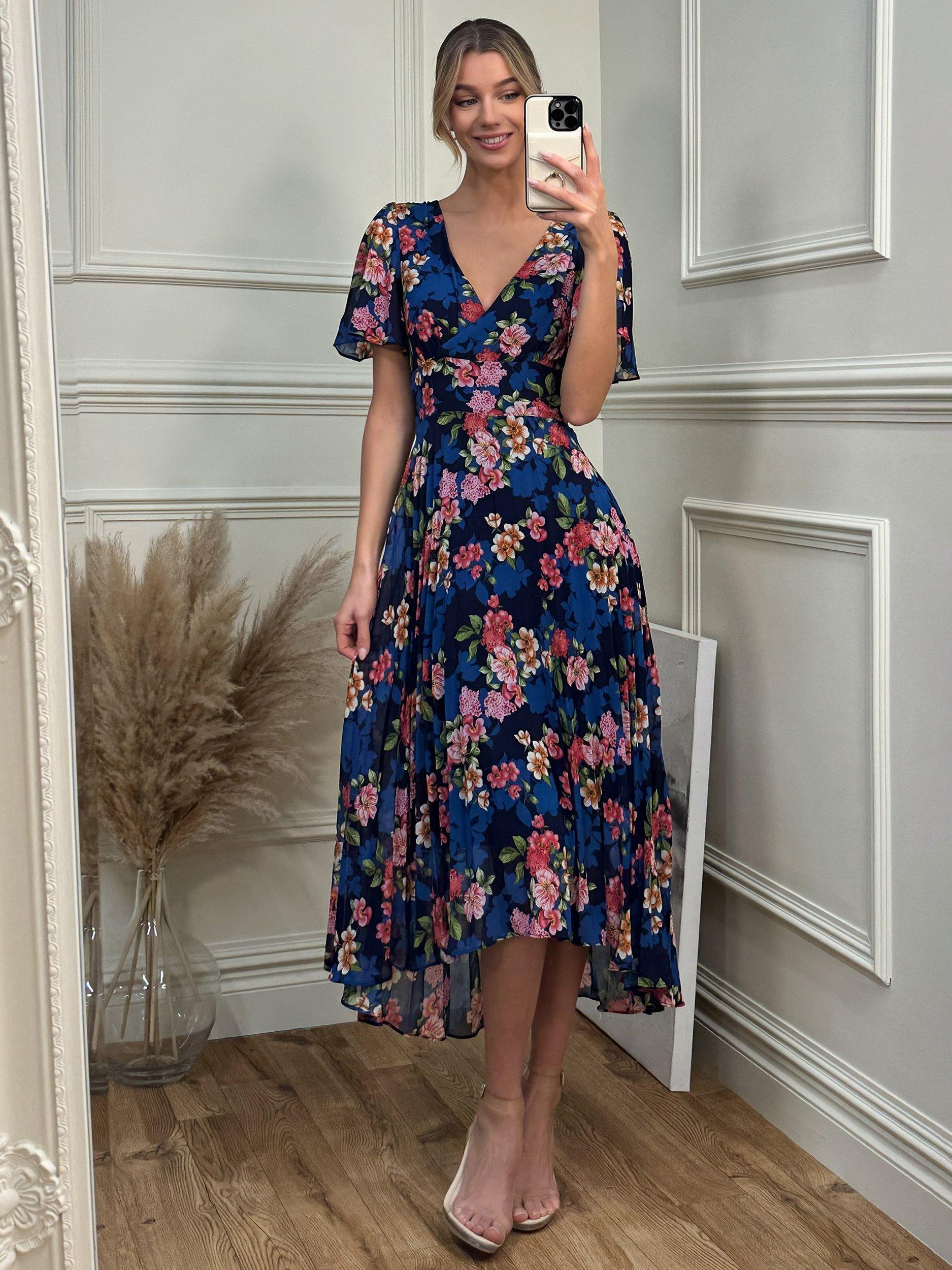 Jolie Moi Chiffon Floral Print Pleated Maxi Dress, Navy/Multi