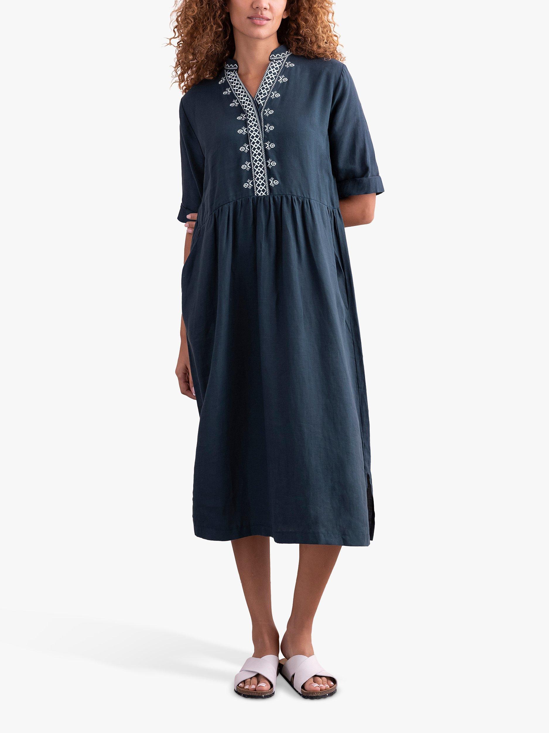 Celtic & Co. Embroidered Collar Linen Midi Dress, Dark Navy