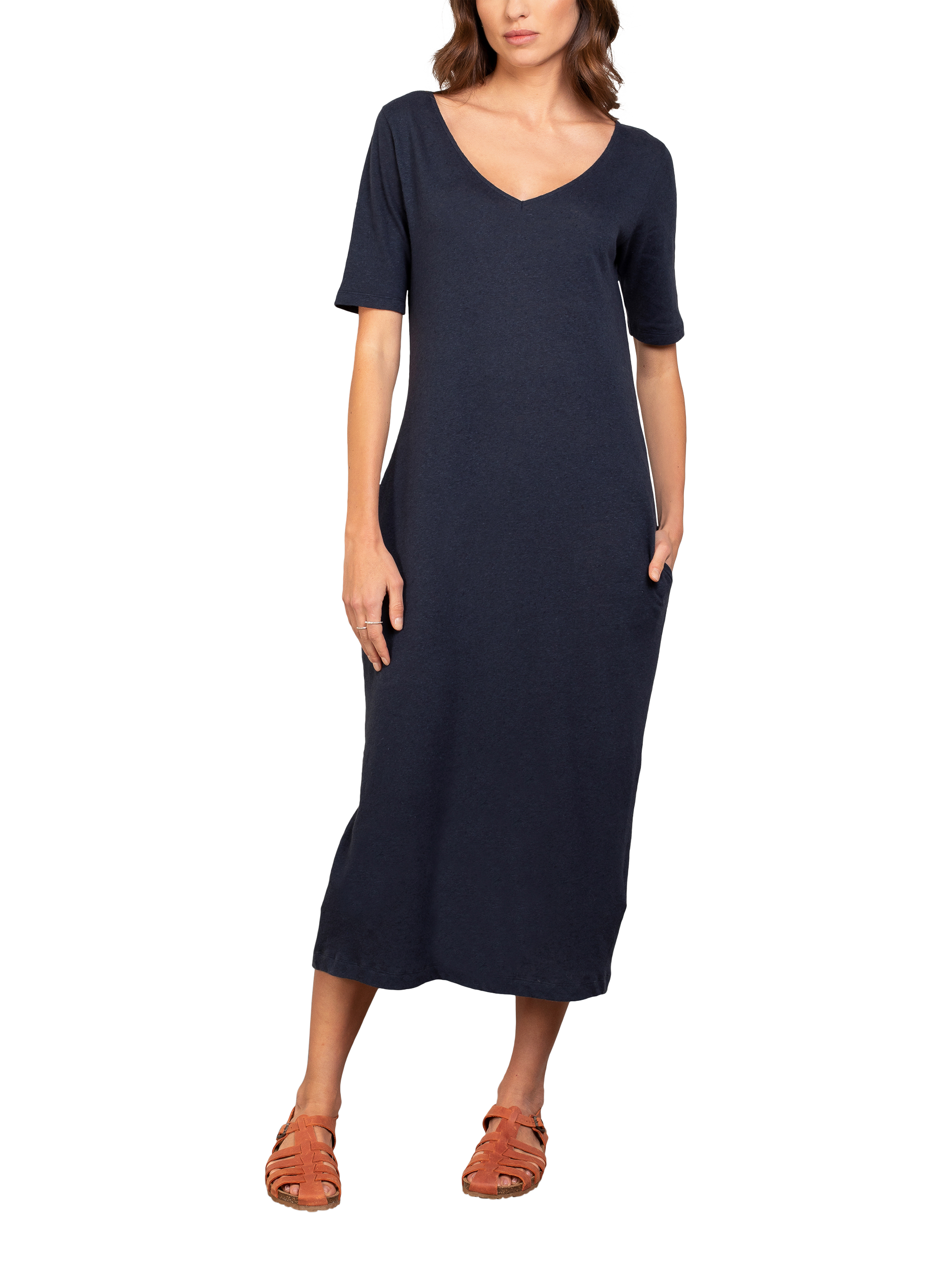 Celtic Co. Linen Cotton Blend V Neck Midi Dress