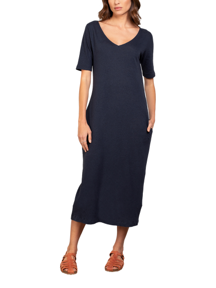 Celtic & Co. Linen Cotton Blend V-Neck Midi Dress, Navy, Navy
